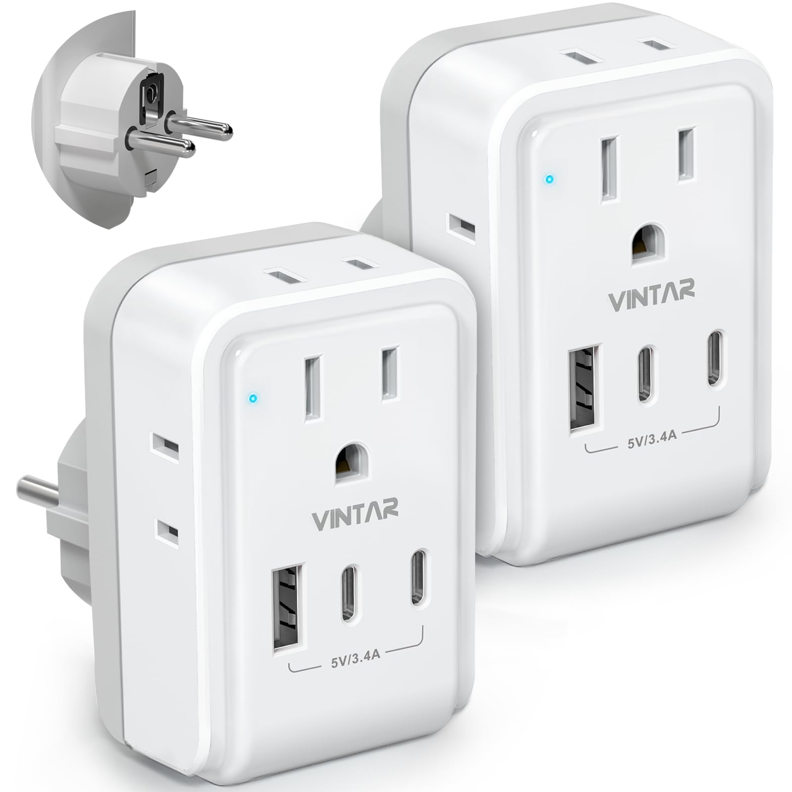 2 Pack Type E F Travel Plug Adapter, Vintar Germany France Plug Adapter With 4 Outlets 3 Usb Ports(2Usb C), South Korea Outlet A