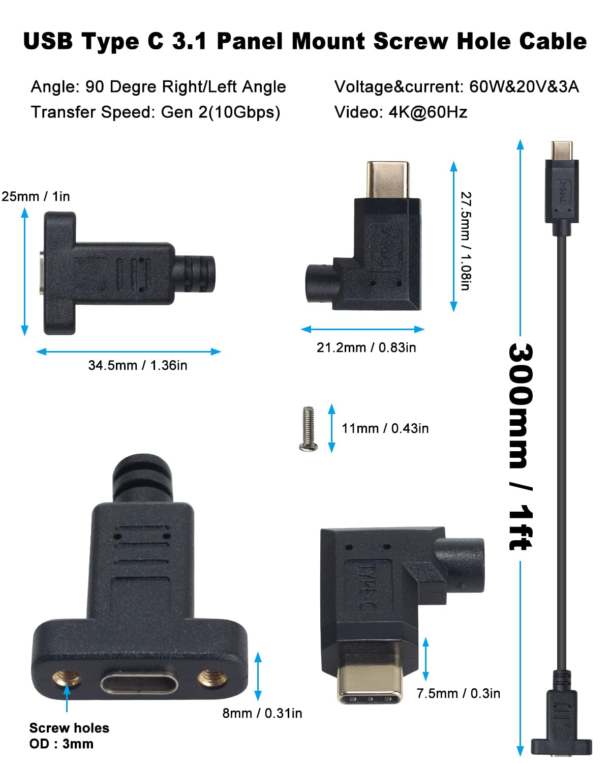 Poyiccot Usb C Male To Female Extension Cable 1Feet/30Cm, Right& Left Angled 90 Degree Usb 3.1 Type C Extender Charging & Sync C