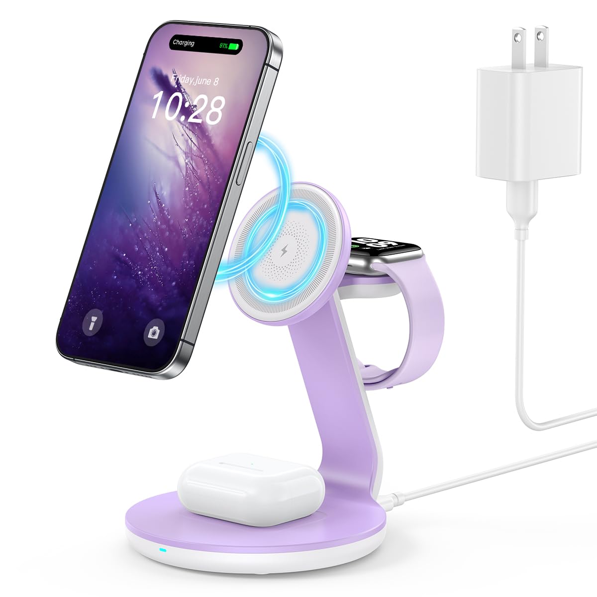HERRBOL 3 in 1 Charging Station Compatible with Magsafe Charger Wireless Charger Stand for iPhone 17 16e 16 15 14 13 12 Wireless