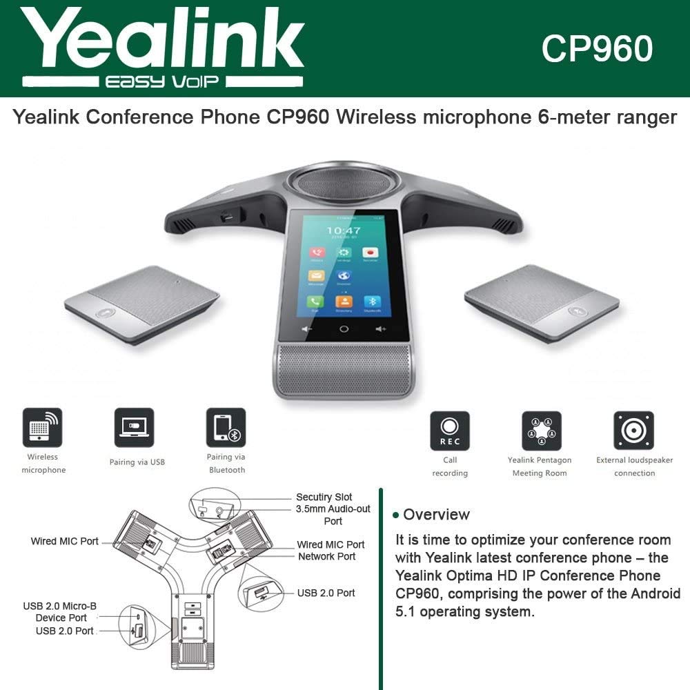 Yealink Cp960-Wirelessmic Conference Ip Phone, 2 Wireless Expansion Microphones. 5-Inch Color Touch Screen. 802.11Ac Wi-Fi, 802.