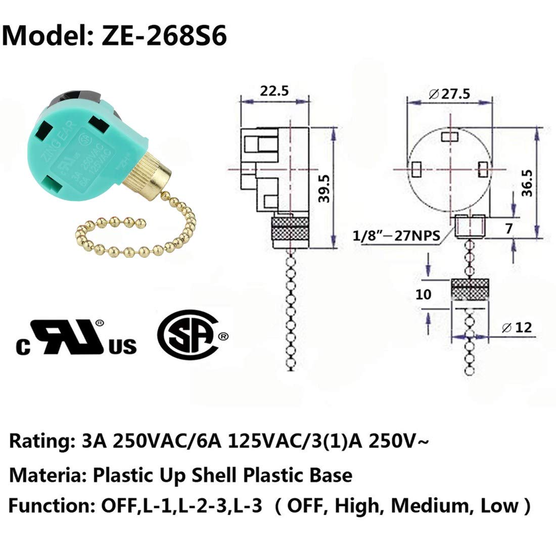 Dayone Ceiling Fan Switch 3 Speed 4 Wire Zing Ear Ze 268S6 Pull Chain Switch Control Replacement 3 Speed Control Switch Ceiling
