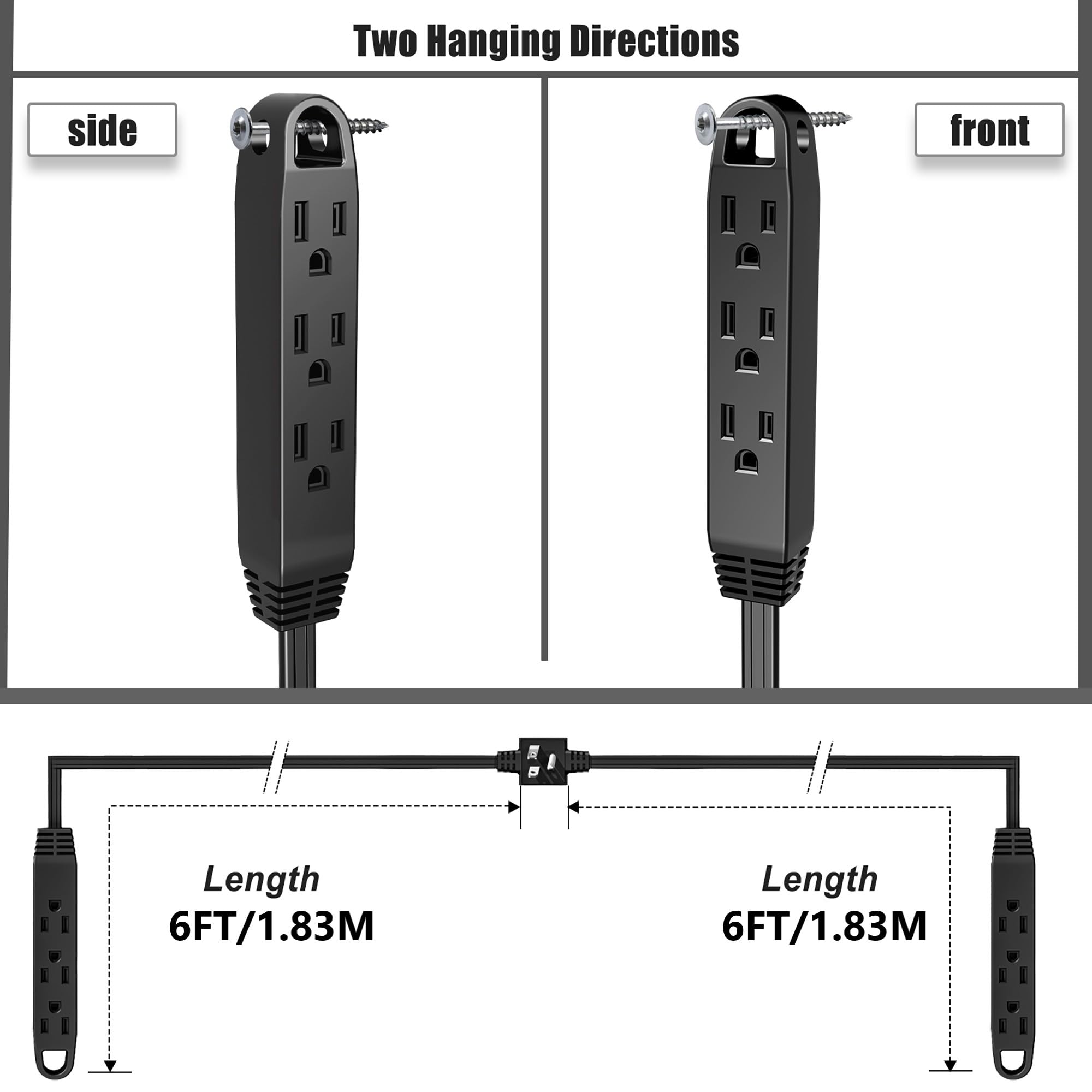 3 Prong 12Ft Twin Extension Cord With 6 Outlets And Safety Covers   Slim Design For Furniture, 12Ft Double Cord 6 Ft Each Side I