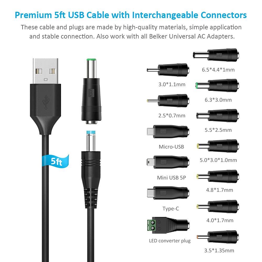 Belker Universal 5V Dc 5.5 2.1Mm Jack Charging Cable Power Cord, Usb To Dc Power Cable With 14 Interchangeable Plugs Connectors