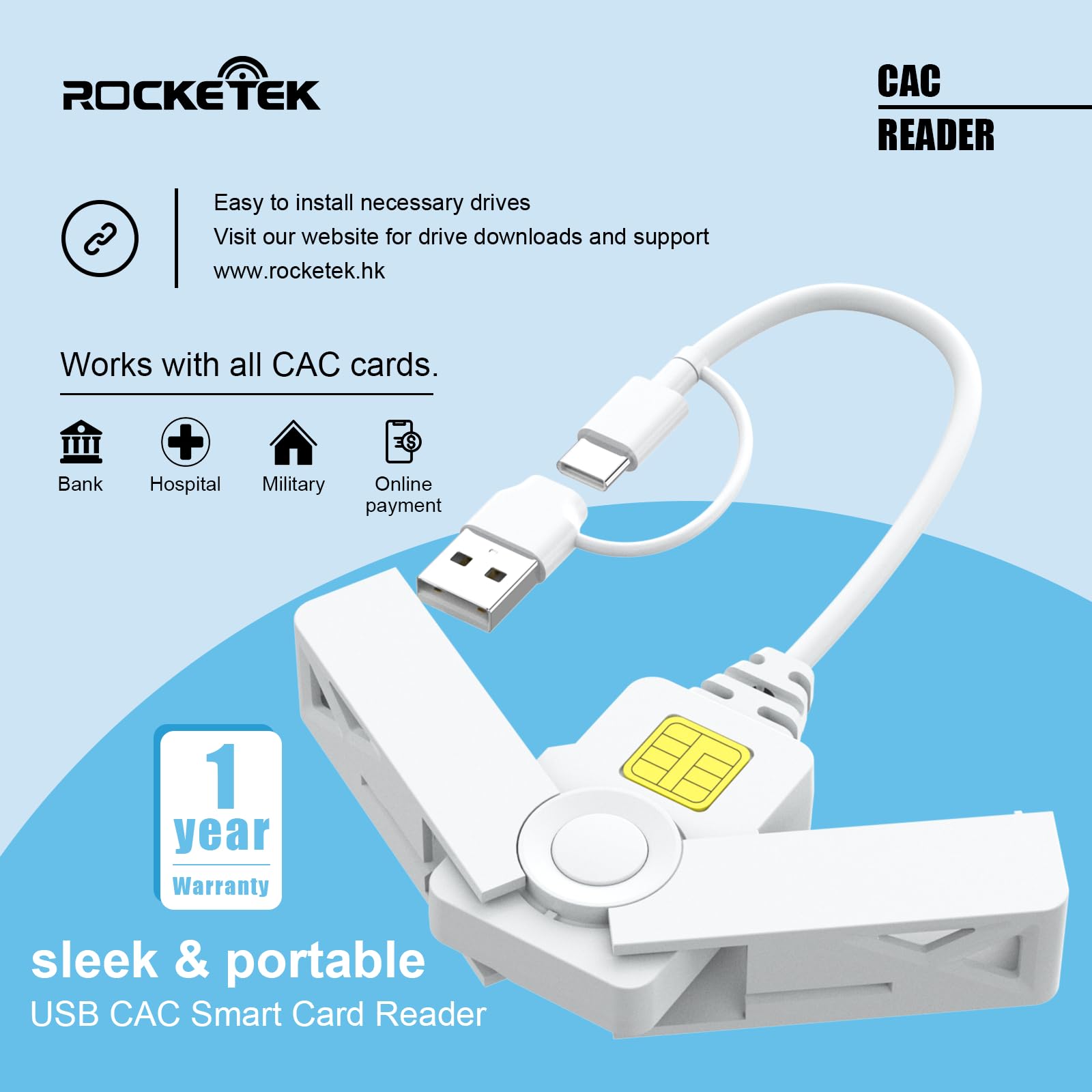 Cac Card Reader 2 In 1 Usb/Usb C Dual Connector, Dod Military Usb Common Access Cac Reader Type C Usb Smart Card Reader Compatible With Windows, Mac Os Mini Fold Plug And Play