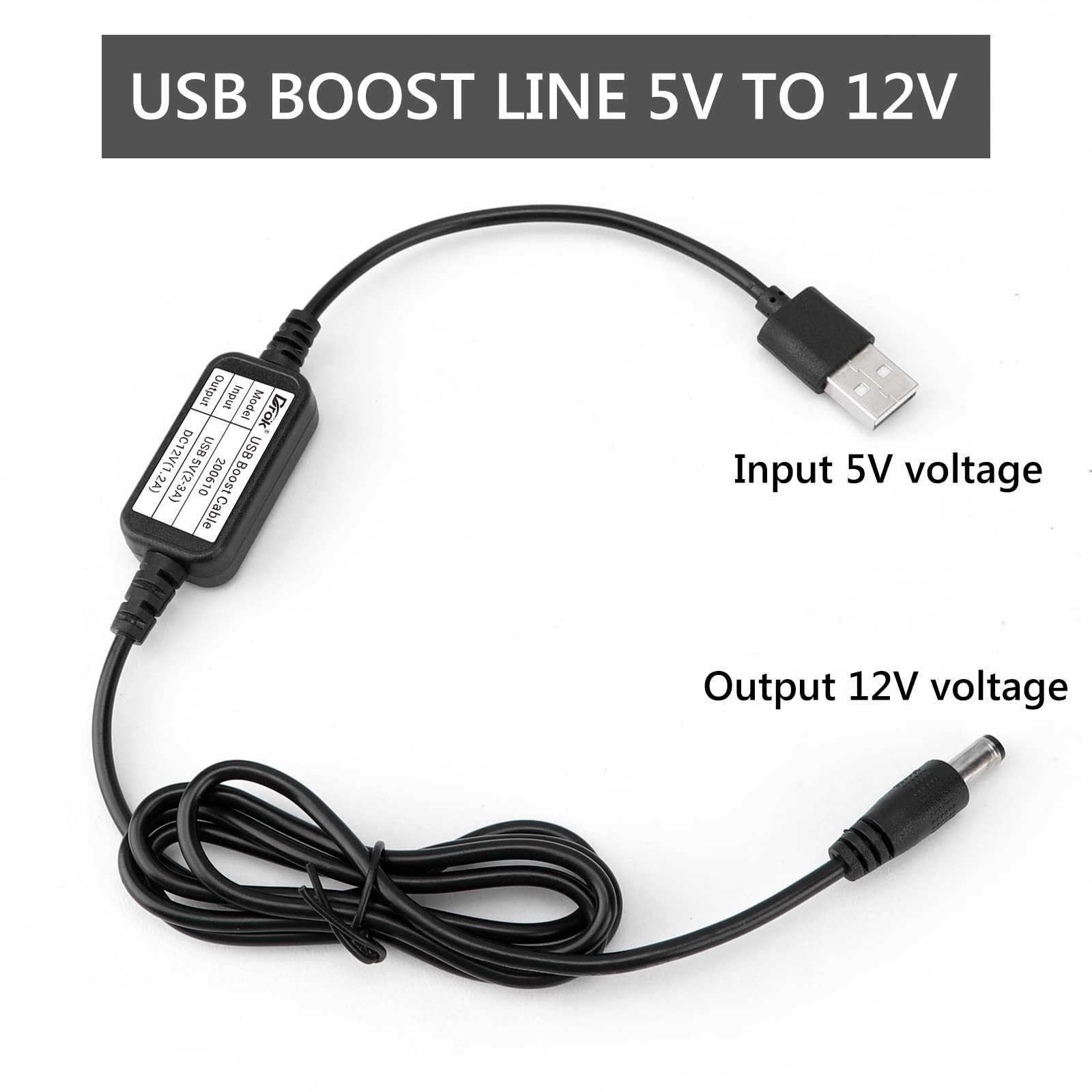 Drok Usb To 12V, 5V To 12V Usb Boost Converter, Usb Cable Dc 5V Step Up To 12V, 1A Power Regulator Line With 5.5Mm Port 1.2 Mete