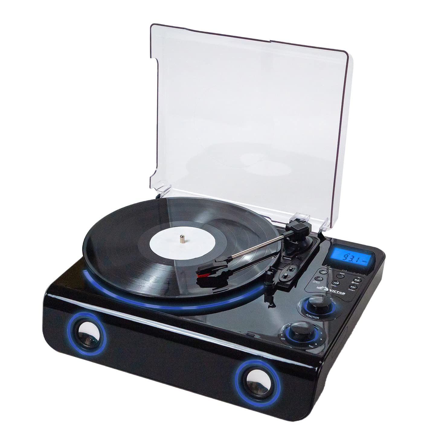 VICTOR Beacon 5-in-1 Turntable System with 3-Speed Record Player, FM Radio, Dual Bluetooth in & Out, Built-in Stereo Speakers, a