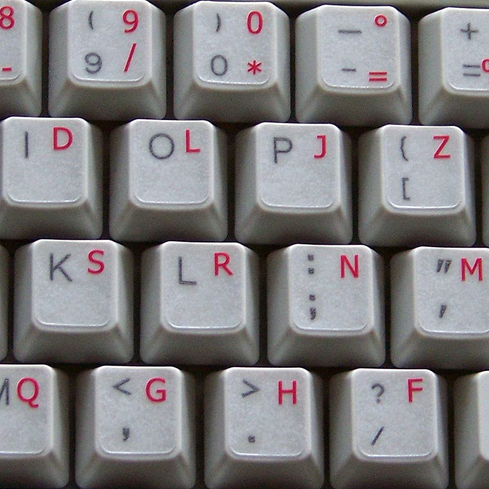 French Bepo Keyboard Decals With Red Lettering Transparent Background For Desktop, Laptop And Notebook