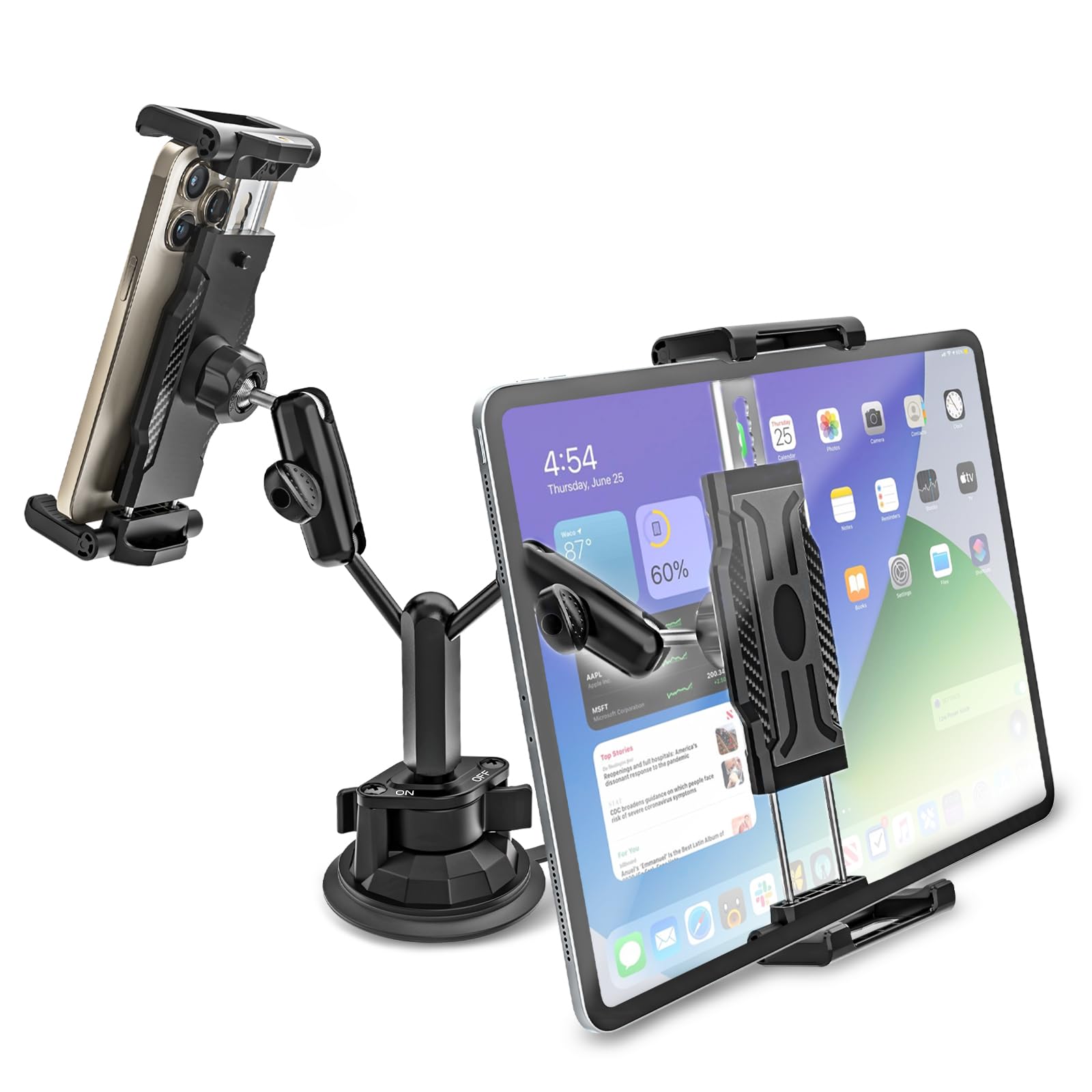 Kolasels Heavy Duty Dual Tablet Holder For Car/Truck [Metal Arm] Dashboard Windshield Double Mount For Vehicle Dash Suction Stan
