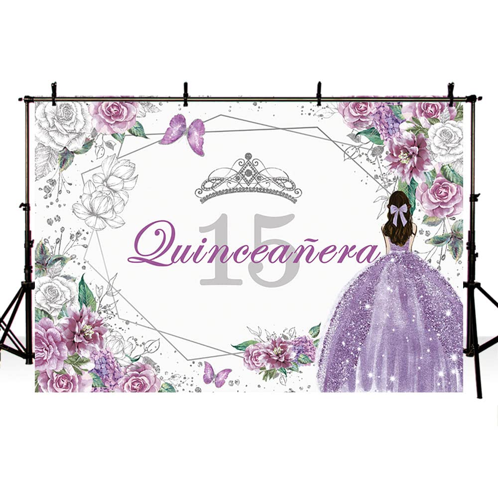 Sendy 7X5Ft Quinceanera 15Th Birthday Backdrop For Sweet Girl Mis Quince Anos 15Th Party Decorations Purple Silver Glitter Flora