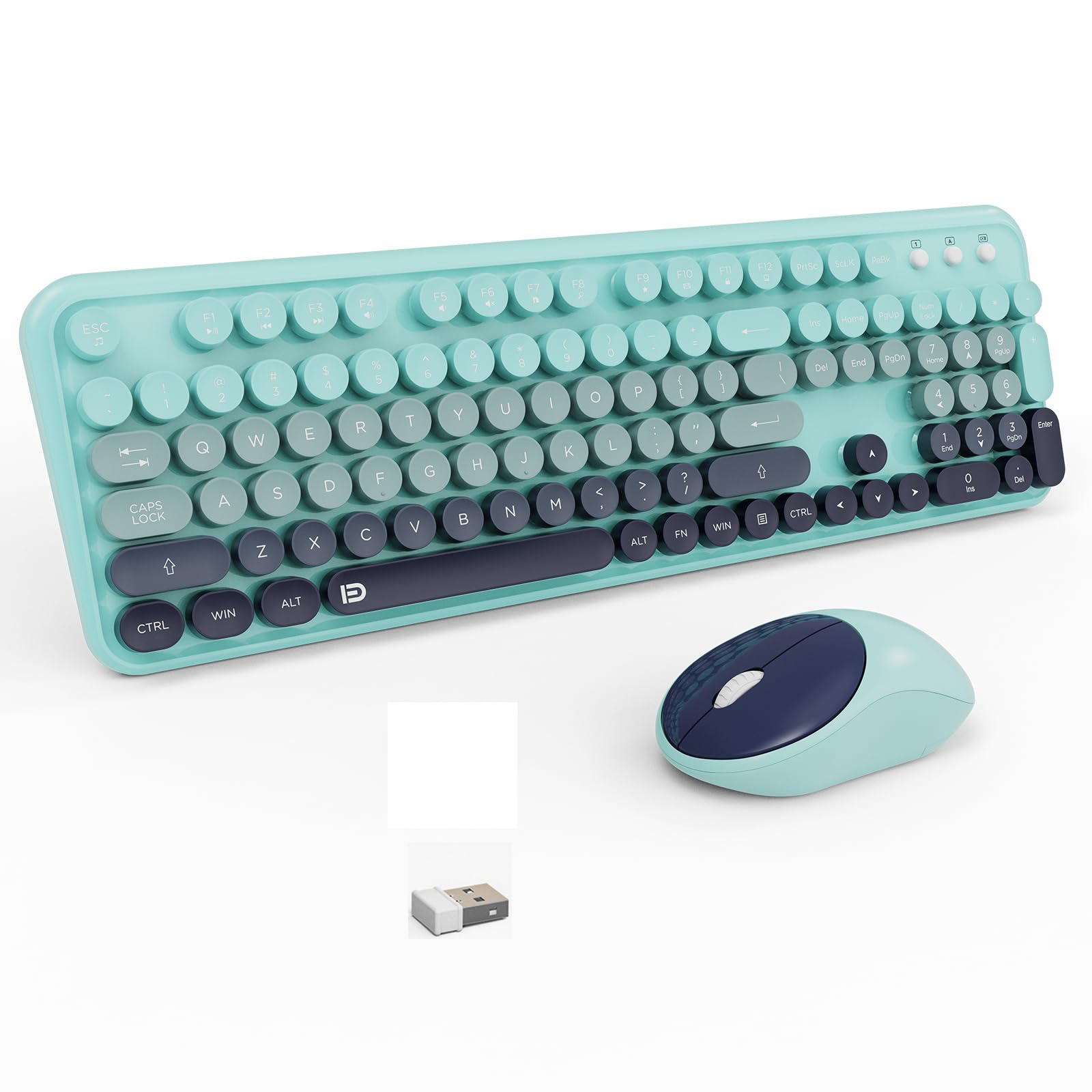Keyboard And Mouse Wireless,2.4Ghz Retro Typewriter Style Round Keycap,Full Size Wireless Keyboard Mouse Combo,Cute Cordless Key