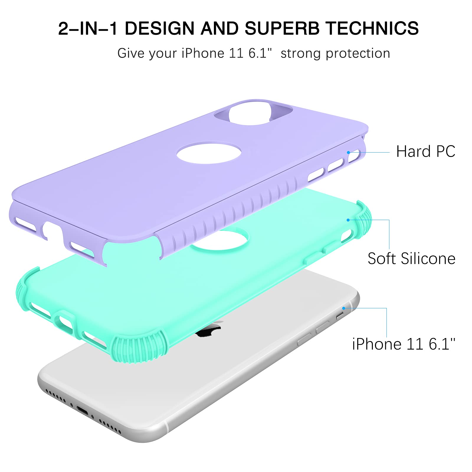 Bentoben For Iphone 11 Phone Case, Heavy Duty 2 In 1 Full Body Rugged Shockproof Protection Hybrid Hard Pc Bumper Drop Protectiv