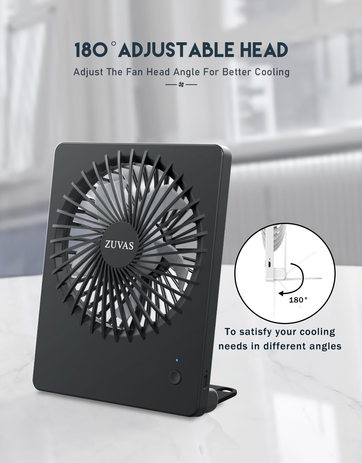 Zuvas Desk Fan Battery Operated, Rechargeable 180Tilt Folding Personal Ultra Quiet Small Portable Fan 3 Speed Adjustable Strong