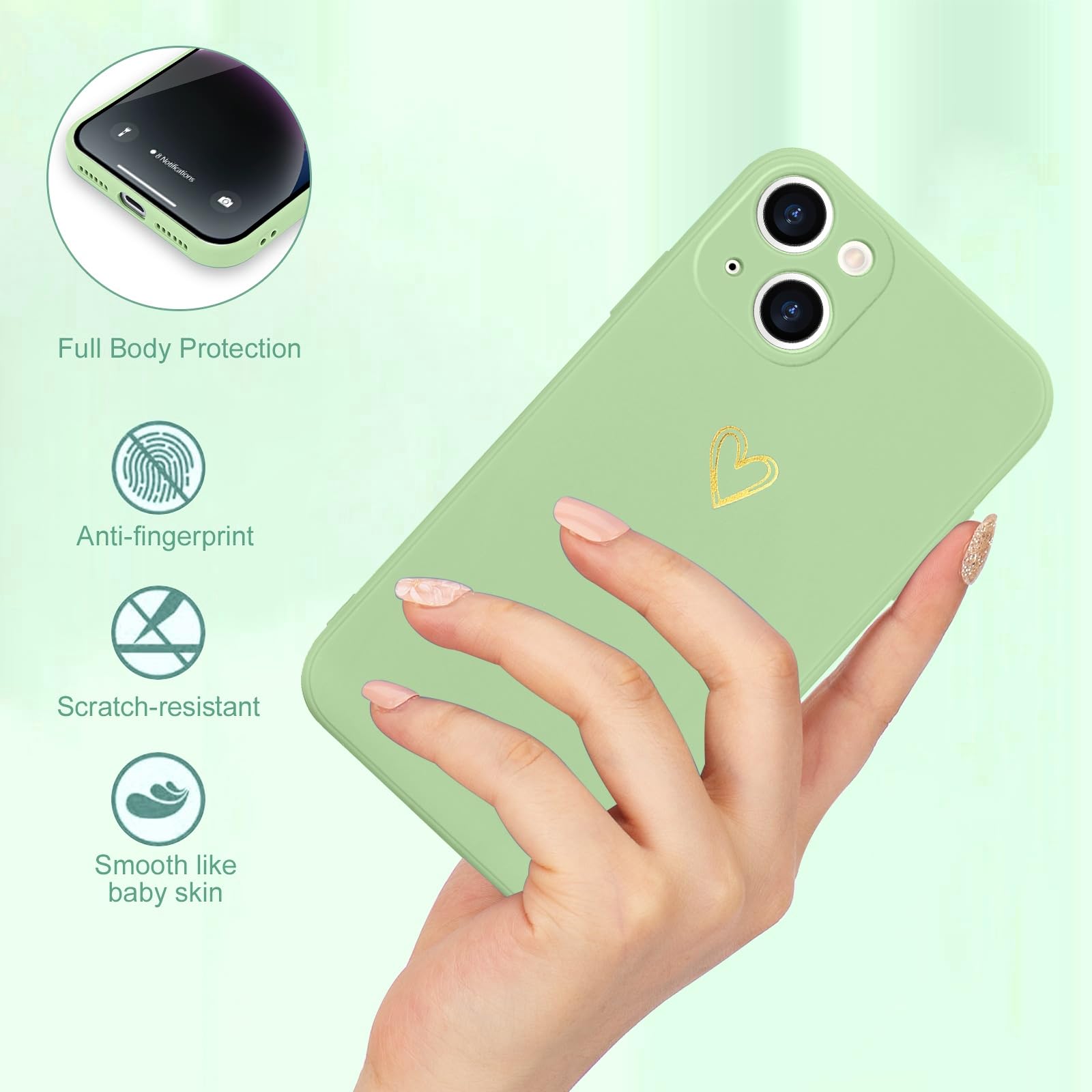 Wirvyuer For Iphone 14 Case Cute Heart Pattern Soft Shockproof Protective Silicone Phone Case For Women Girls, Lime Green