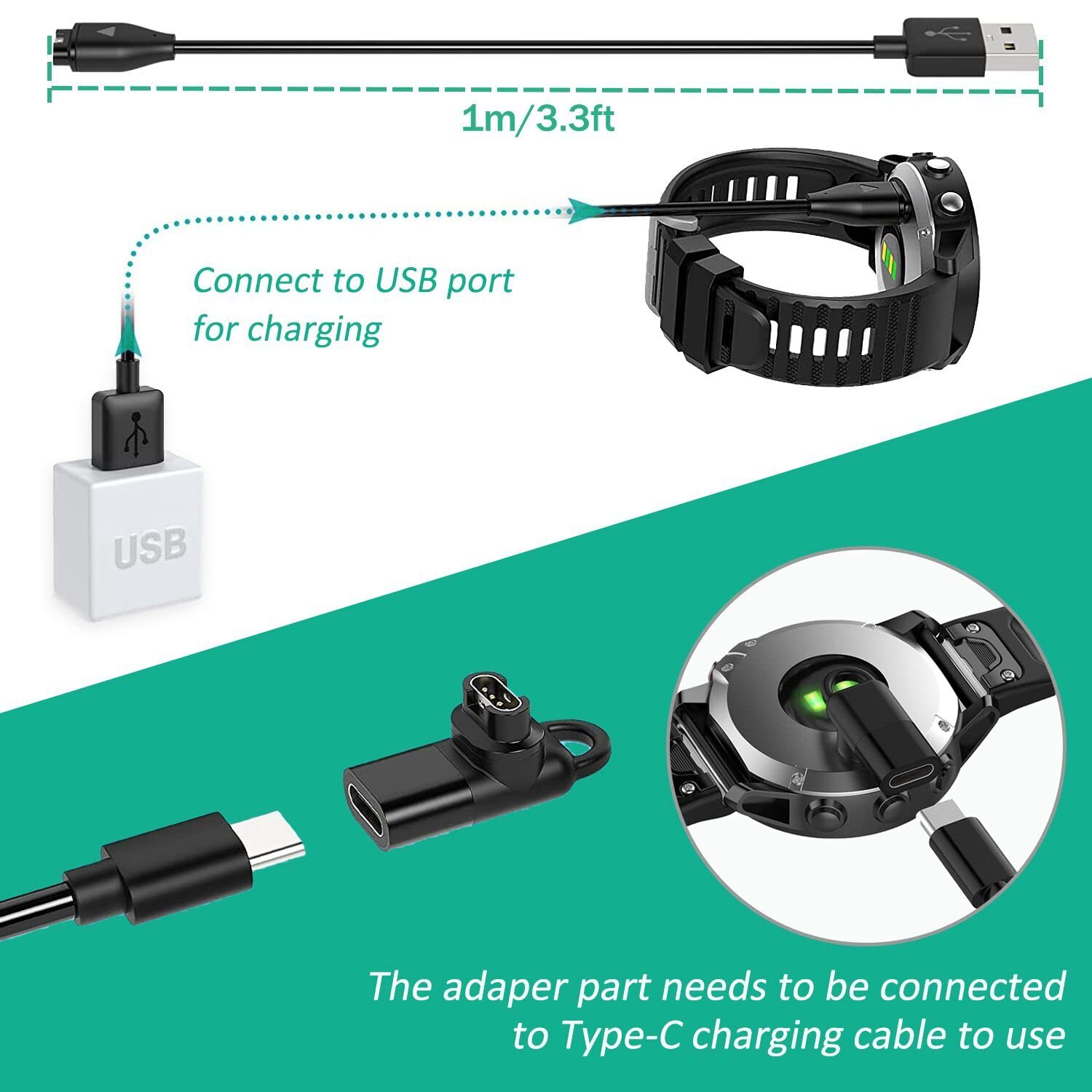 Ankky Charging Cable For Garmin Watch With 1 Pack Type C Charger Adapter Connector, 1M Charger Cord For Garmin Fenix 7/7S/7X, Instinct, Forerunner, Vivoactive,Venu Series And More, Black