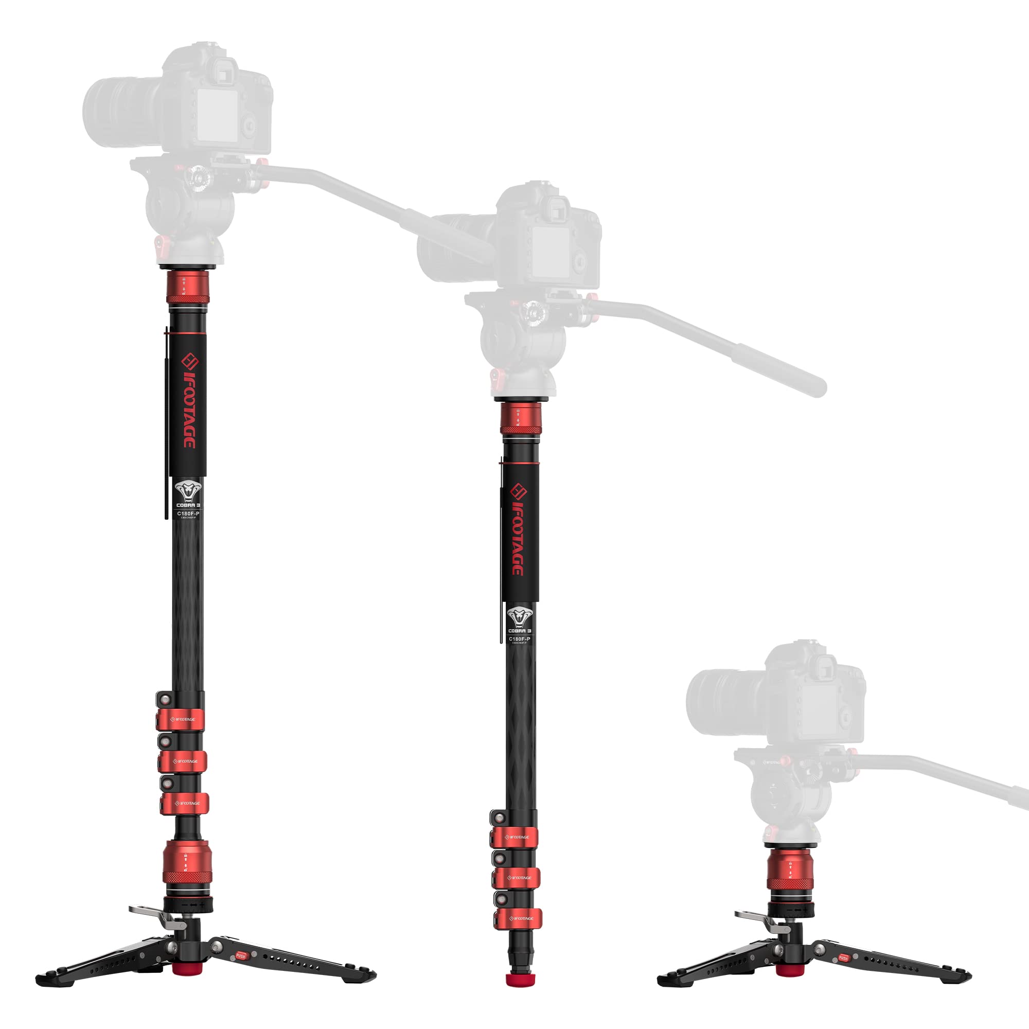 Ifootage Cobra 3 Carbon Fiber Monopod With Pedal, 71'' Professional Monopod For Cameras, Portable Travel Monopod With Feet, Max