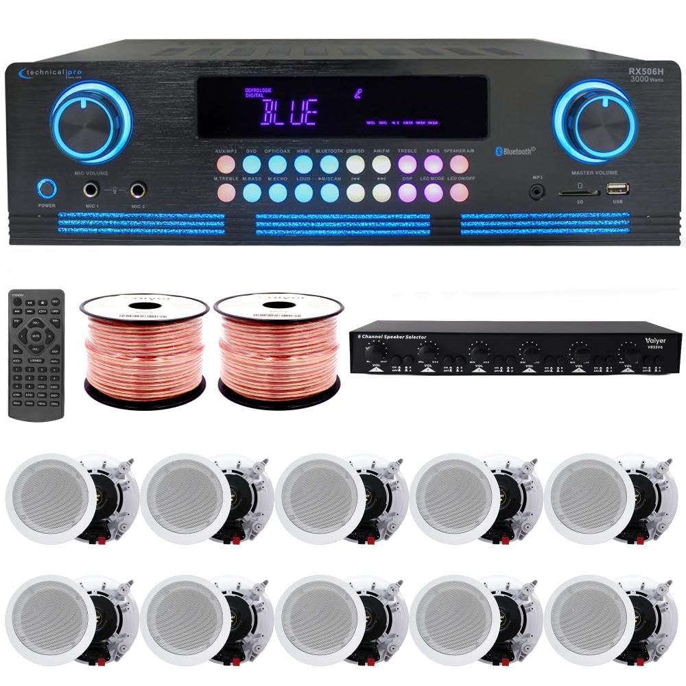 Home Audio System Kit - 2000 W Bluetooth Amplifier w/ 10 Qty of 5.25 Framed Ceiling Speakers 175 W Each, 6-Ch Speaker Selector w