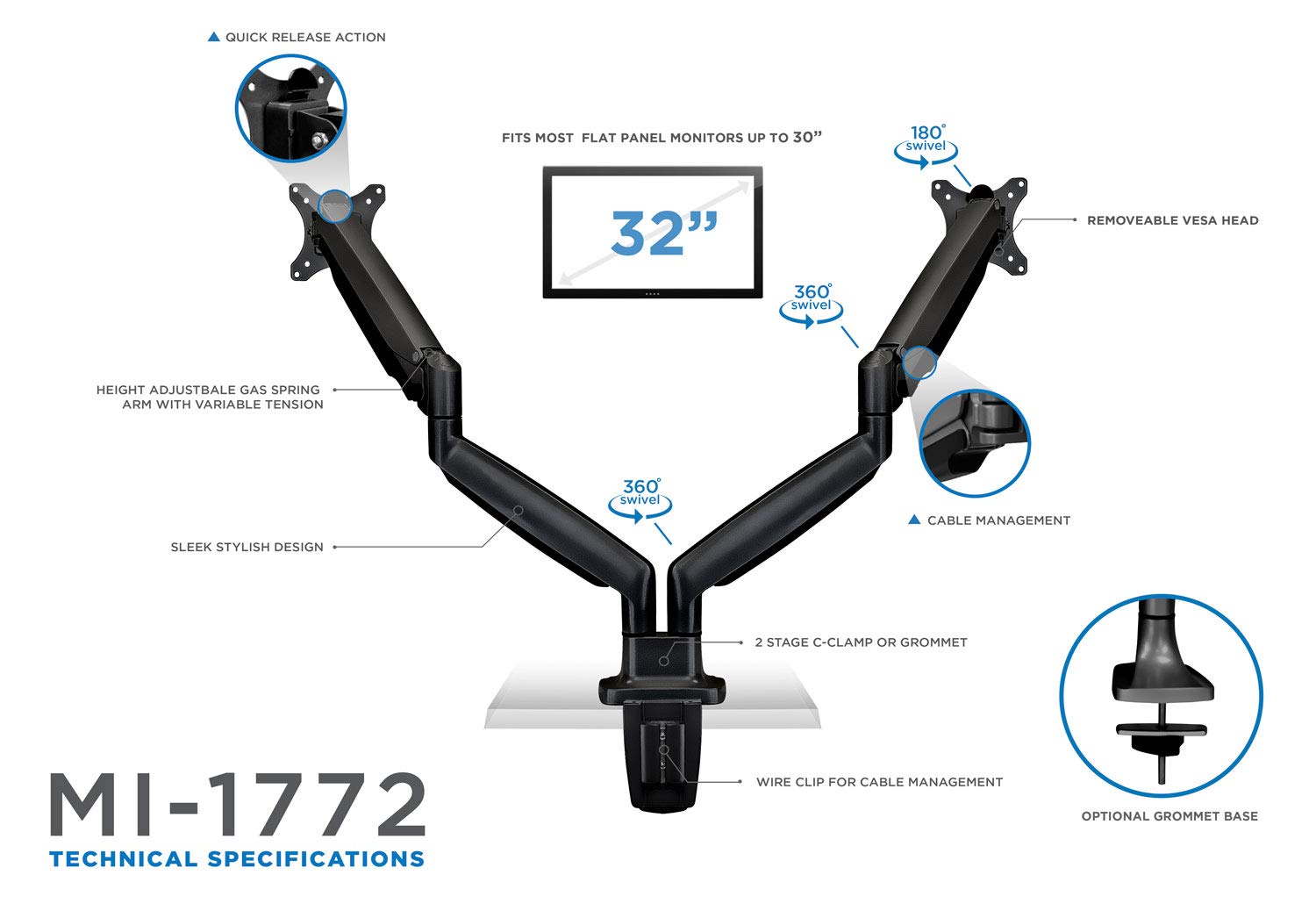 Mount It! Dual Monitor Arm Mount | Desk Stand | Two Articulating Gas Spring Height Adjustable Arms | Fits 2 x 24 27 29 30 32 Inch VESA 75 100 Compatible Screens | C Clamp and Grommet Bases (Black)