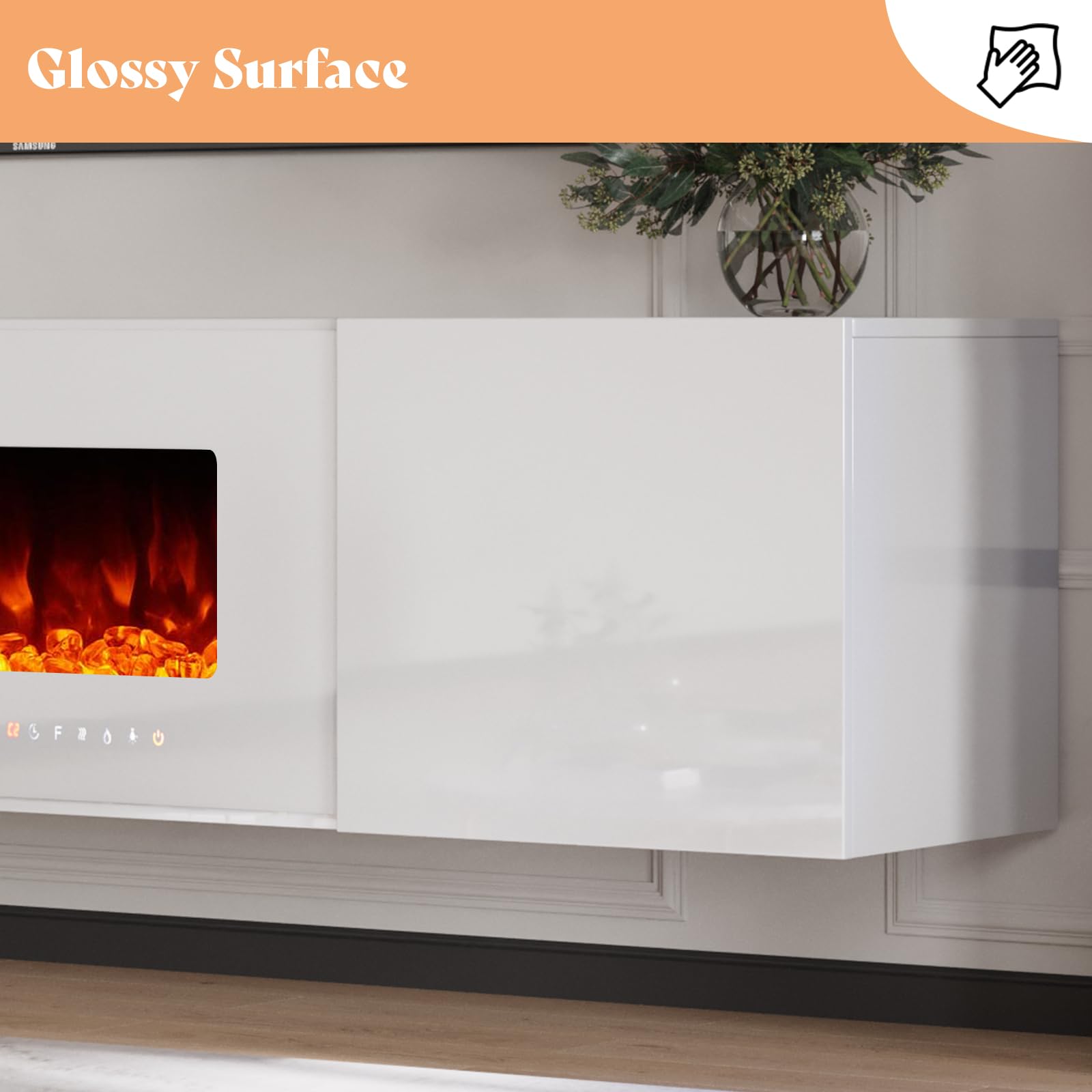 Amerlife Floating Fireplace Tv Stand, Wall Mounted Mirrored Entertainment Center With 40 Electric Fireplace, Modern Led Lights M