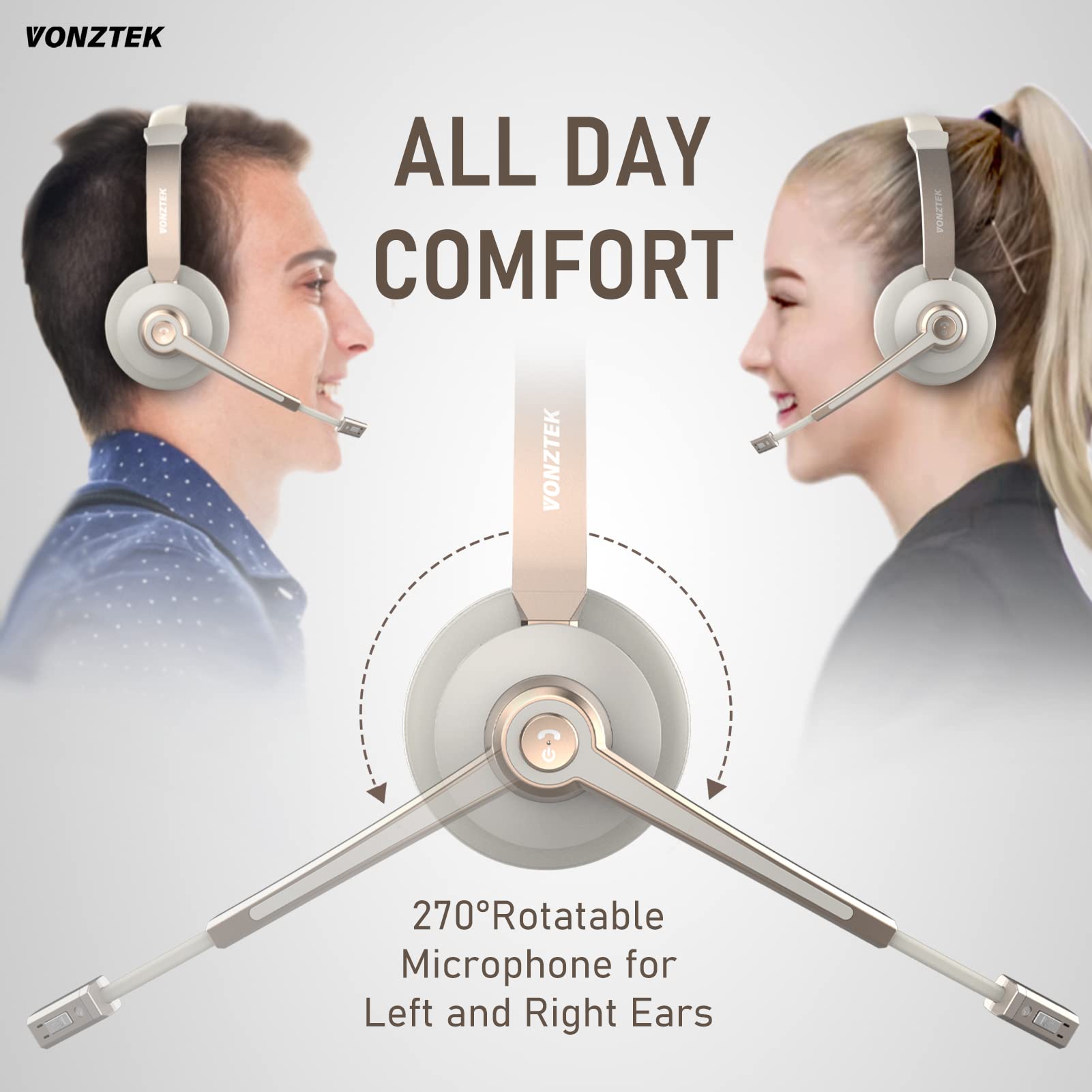 Vonztek Wireless Headset, Bluetooth Headphones With Microphone Noise Cancelling, 26Hrs Wireless Headset With Mic Mute For Smartphone/Laptop/Zoom/Teams/Call Center/Home/Office