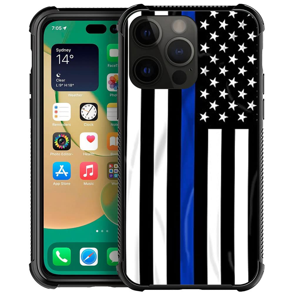 Compatible With Iphone 14 Pro Case, Blue Line American Flag Iphone 14 Pro Cases, Tempered Glass Back+Soft Silicone Tpu Shock Pro