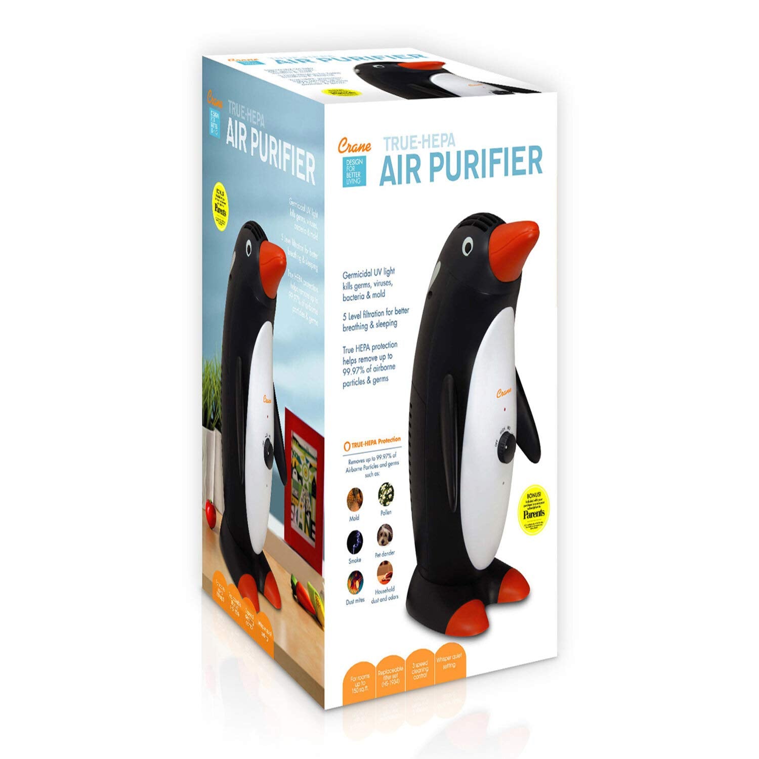 Crane Adorable Penguin Air Purifier With True Hepa Filter Ee 5065, Germicidal Uv Light, 150 Sq Feet Coverage, 3 Speed Control, W