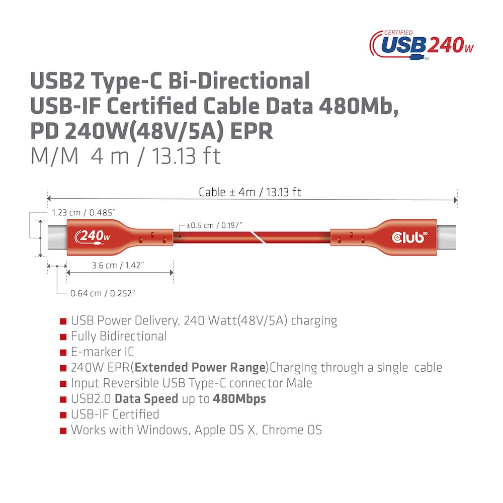 Club 3D Cac-1515 Usb2 Type C To Type C Certified Bi-Directional Cable With 240W Charging, 480Mb Data Transmission Epr 4M -13.13F