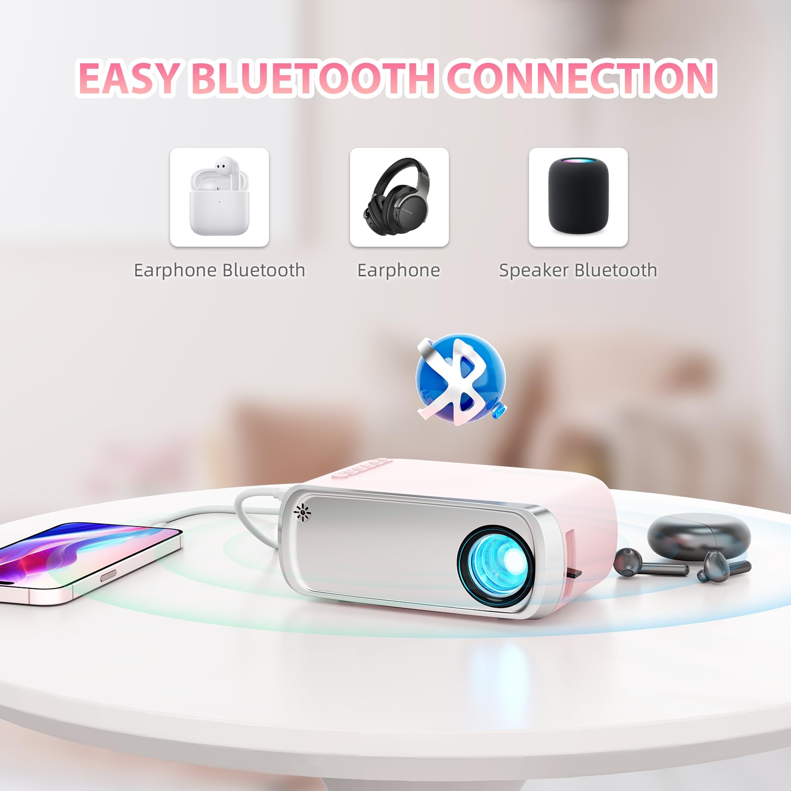 ksbaby Mini Projector VF270 - Portable Outdoor Projector, Light Pink, HDMI/USB/Type-C Compatible, Smartphone Mirroring