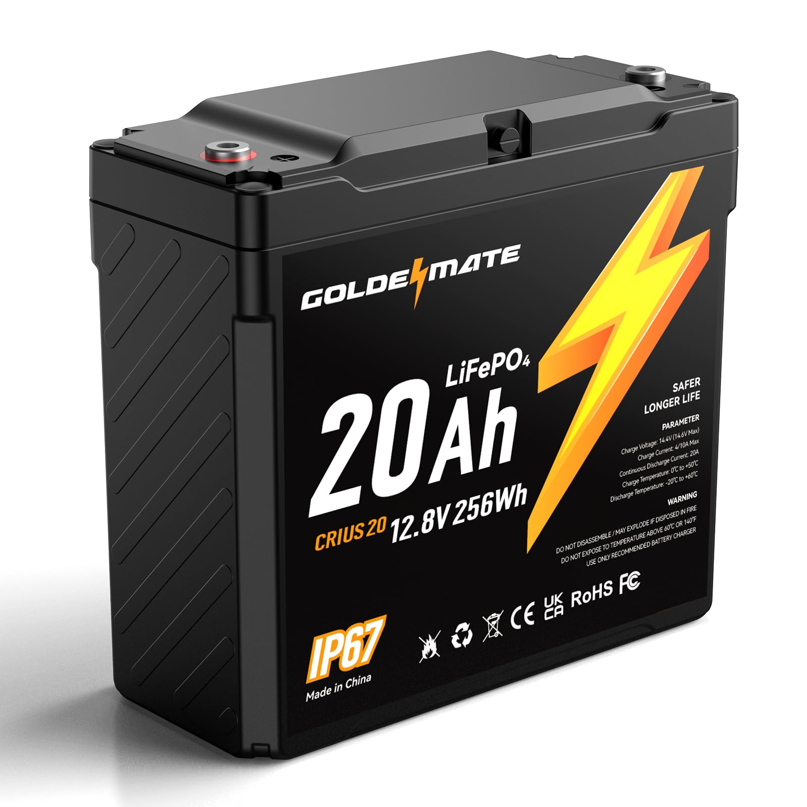 GOLDENMATE 12V 20Ah LiFePO4 Battery, IP67 Waterproof, 12V Lithium Battery w/ 5000+ Deep Cycles, Built-in BMS, Premium Lithium Ir