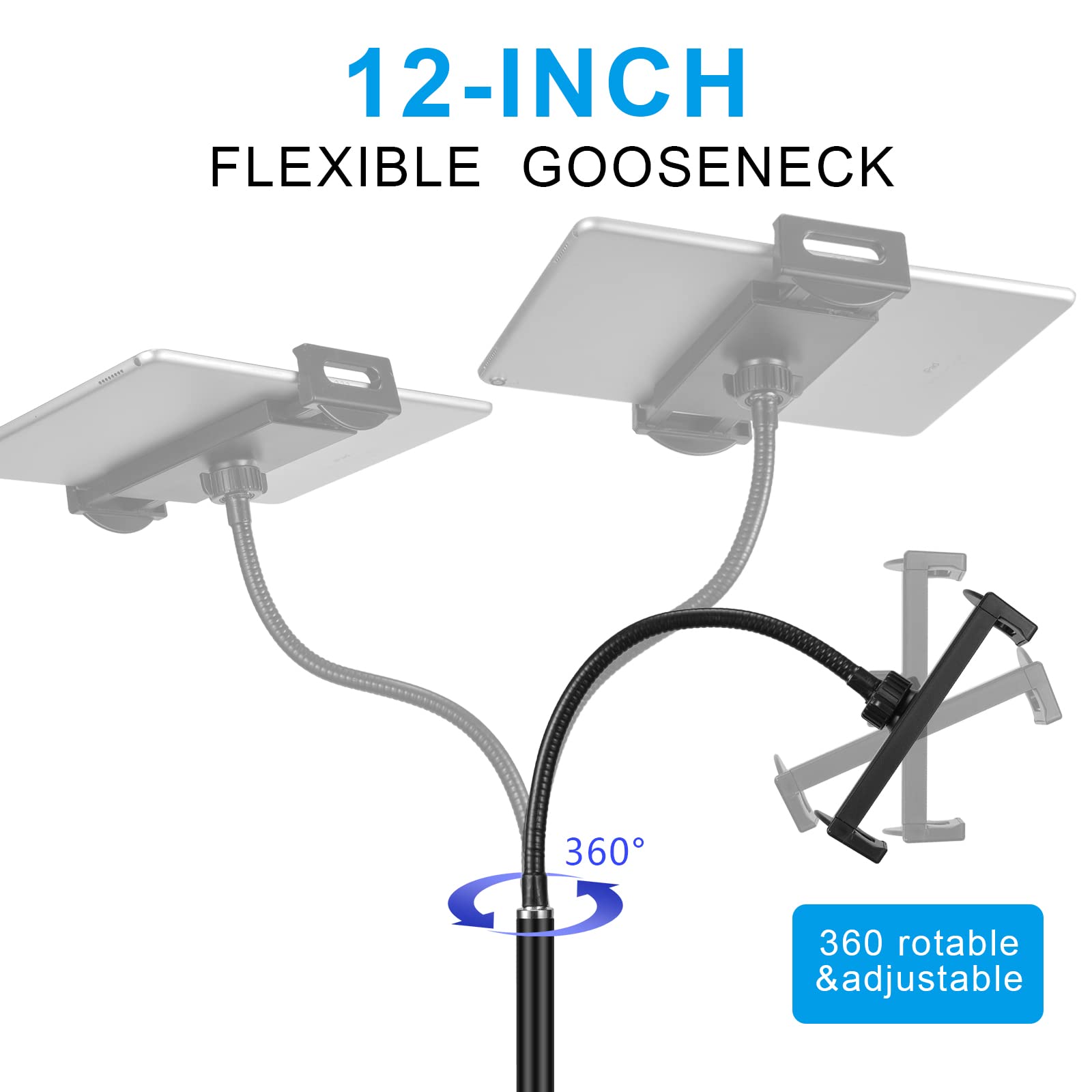 Lucky Trip Tablet Floor Stand,360 Degree Rotatable Metal Tablet Holder With Flexible Gooseneck Holder Long Arm, Compatible With