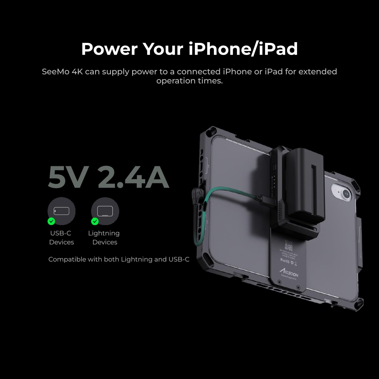 Accsoon Seemo 4K Hdmi Video Transmitter Adapter For Iphone Ipad, Ios/Hdmi Video Capture Terminal Turns Iphone Into On Camera Monitor, For Video Recording Live Streaming Black