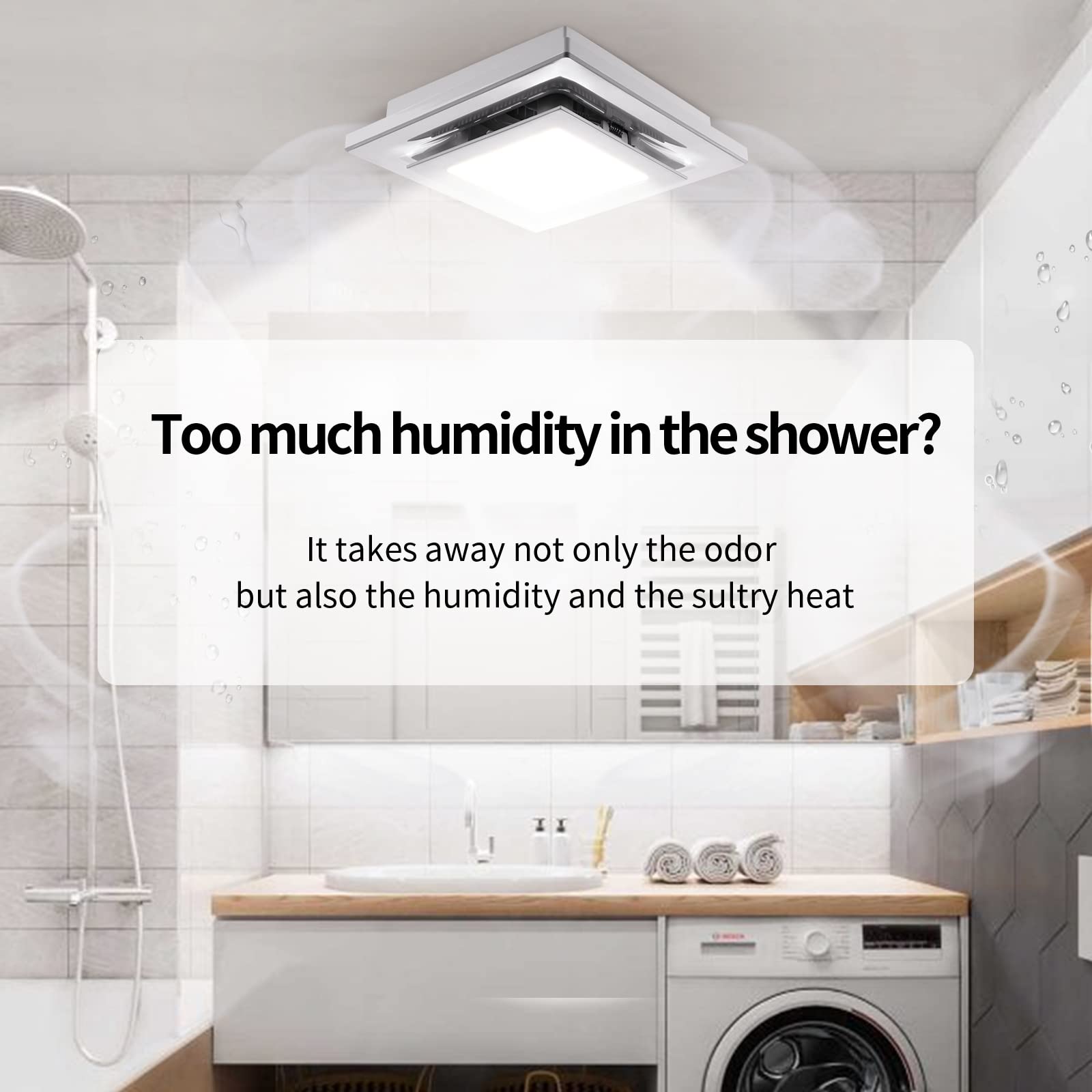 Zeyzer Bathroom Exhaust Fan With Led Light Square Quiet Modern Ceiling Mount Ventilation Fan Combination For Shower/Restroom/Off