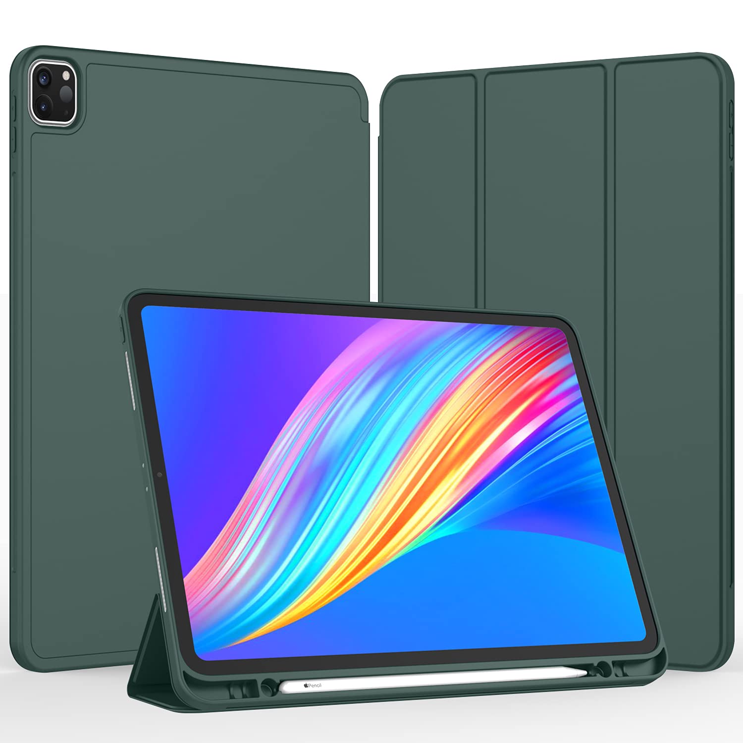 Imieet New Ipad Pro 12.9 Case 2022(6Th Gen)/2021(5Th Gen) With Pencil Holder [Support Ipad 2Nd Pencil Charging/Pair],Trifold Stand Smart Case With Soft Tpu Back,Auto Wake/Sleep(New Midnight Green)