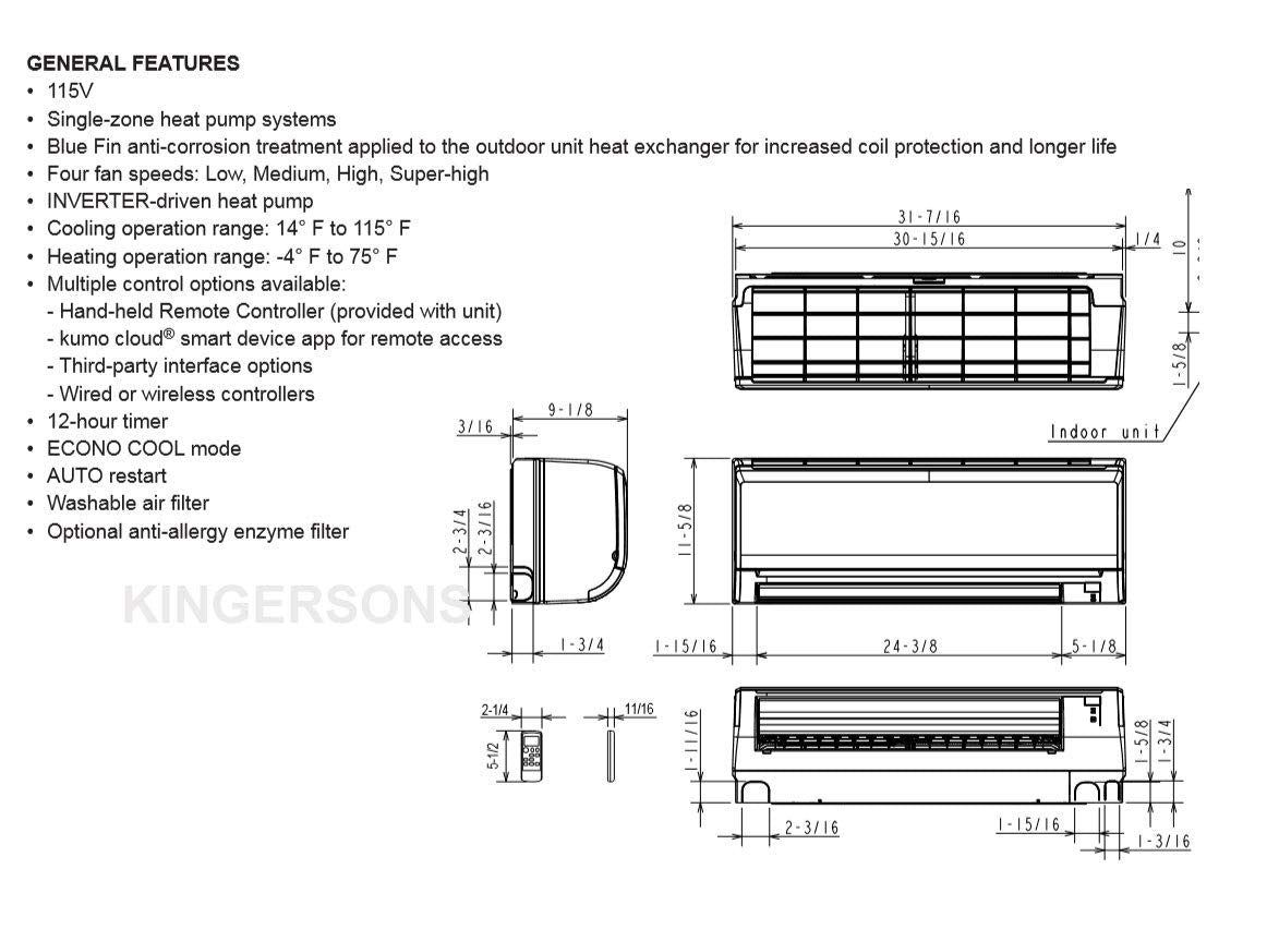 Mitsubishi 9,000 Btu 3/4 Ton Cooling Heating   Ductless Mini Split Wall Mounted Air Conditioning System 115V   17 Seer