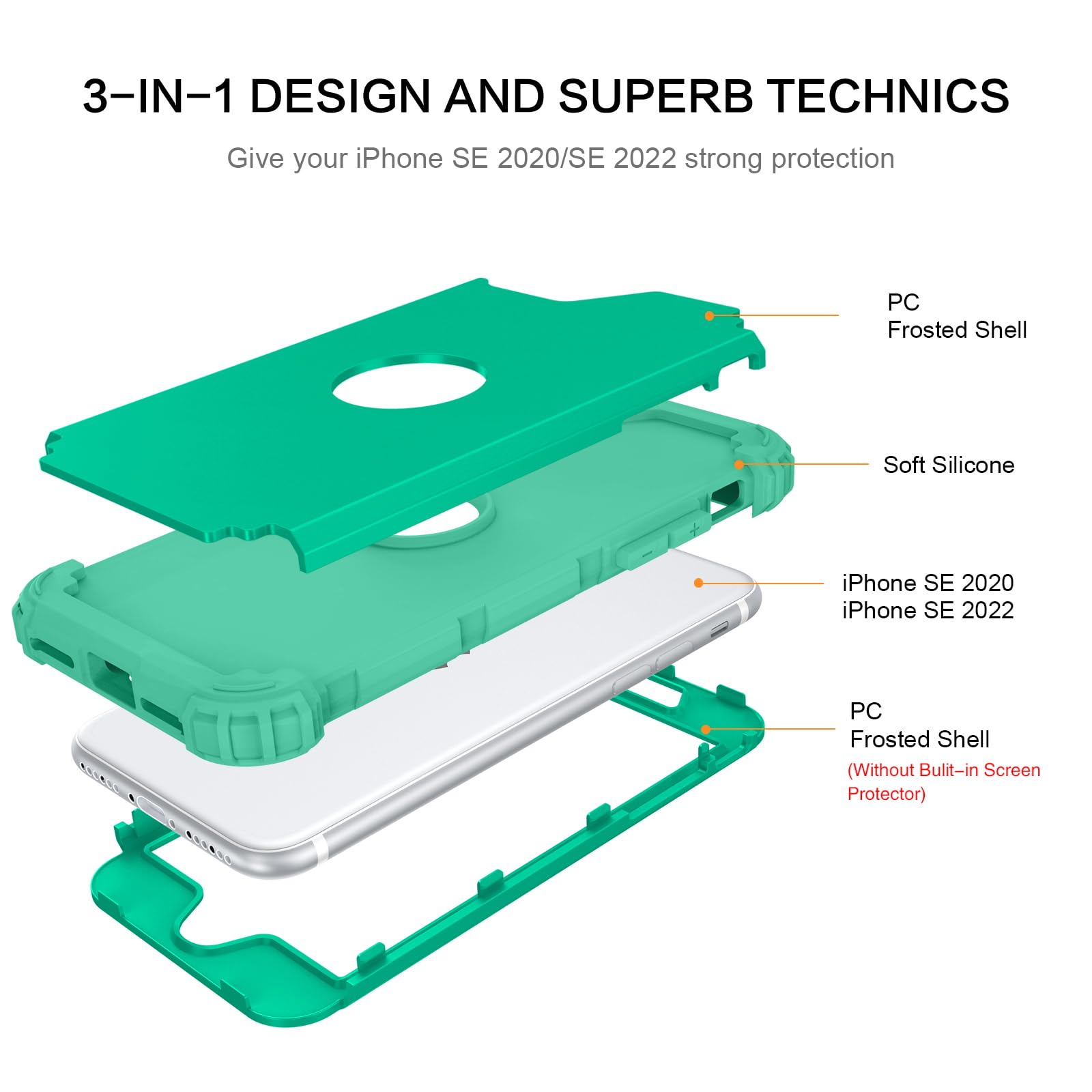 Bentoben For Iphone Se 2022 Case And Iphone Se 2020 Case, Heavy Duty 3 In 1 Full Body Rugged Shockproof Hybrid Hard Pc Soft Rubb