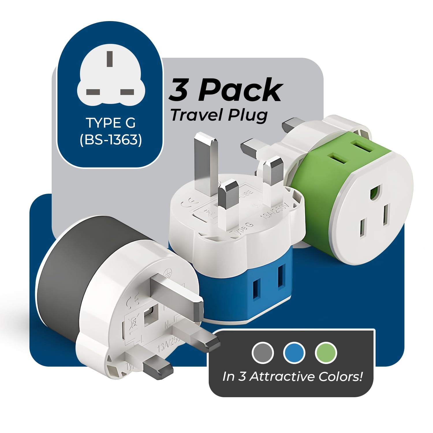 Orei Uk, Ireland, Dubai Power Plug Adapter With 2 Usa Inputs   Travel 3 Pack   Type G (Us 7) Fuse Protected   Use With Cell Phon