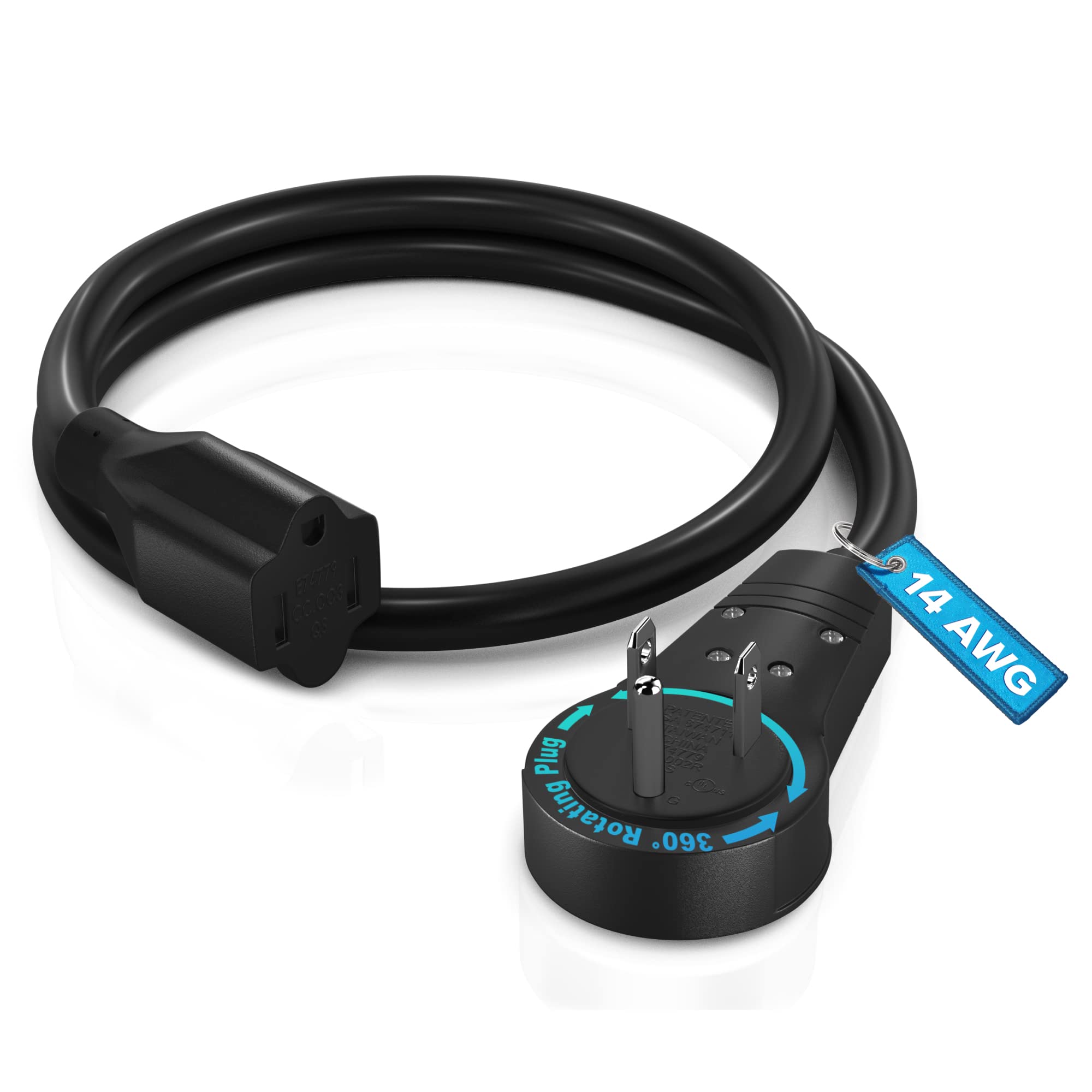 Maximm Cable 1 Feet 14Awg 360 Rotating Flat Plug Extension Cord/Wire, 3 Prong Grounded Wire, Heavy Duty Extension Cord   Ul Cert