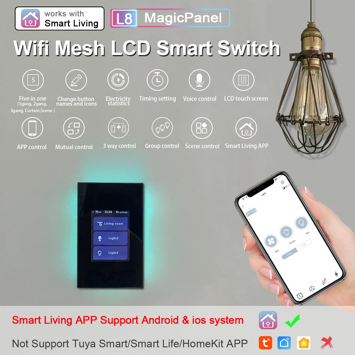 Lanbon L8 Hak Lcd 2 In 1 Alarm Smart Switch, Integrates Home Security System & Smart Light Switch Into One, 7 Piece Kit Wireless