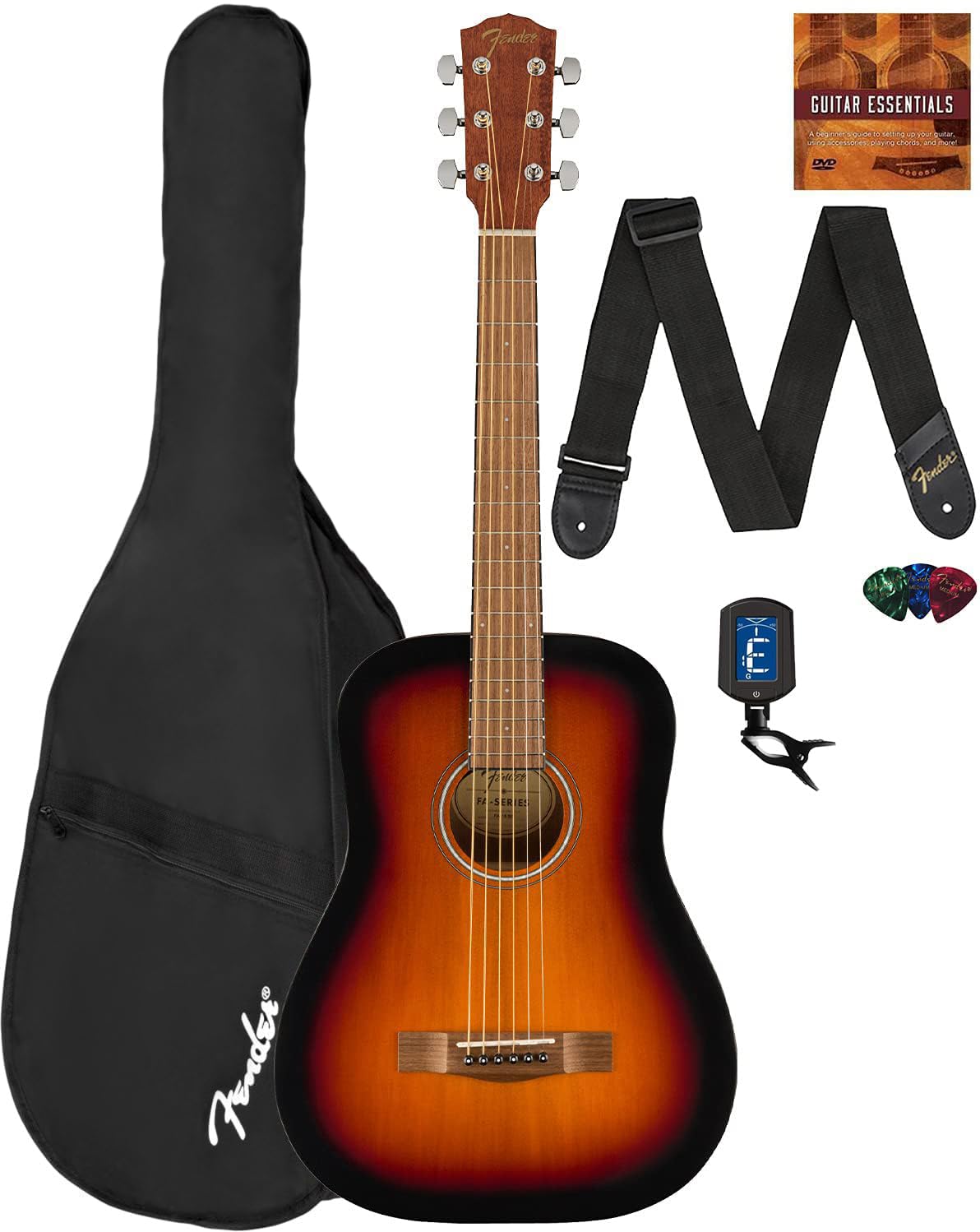 Fender FA-15 3/4-Scale Kids Steel String Acoustic Guitar - Sunburst Learn-to-Play Bundle with Gig Bag, Tuner, Strap, Picks, Fend
