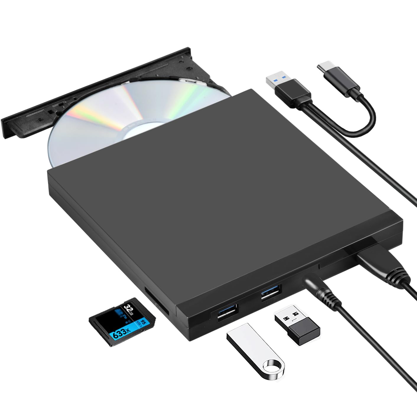 Roofull External Cd Dvd +/ Rw Drive, Cd/Dvd Rom Player Burner With Usb Ports And Sd Card Reader, Portable Usb 3.0 Cd/Dvd Optical