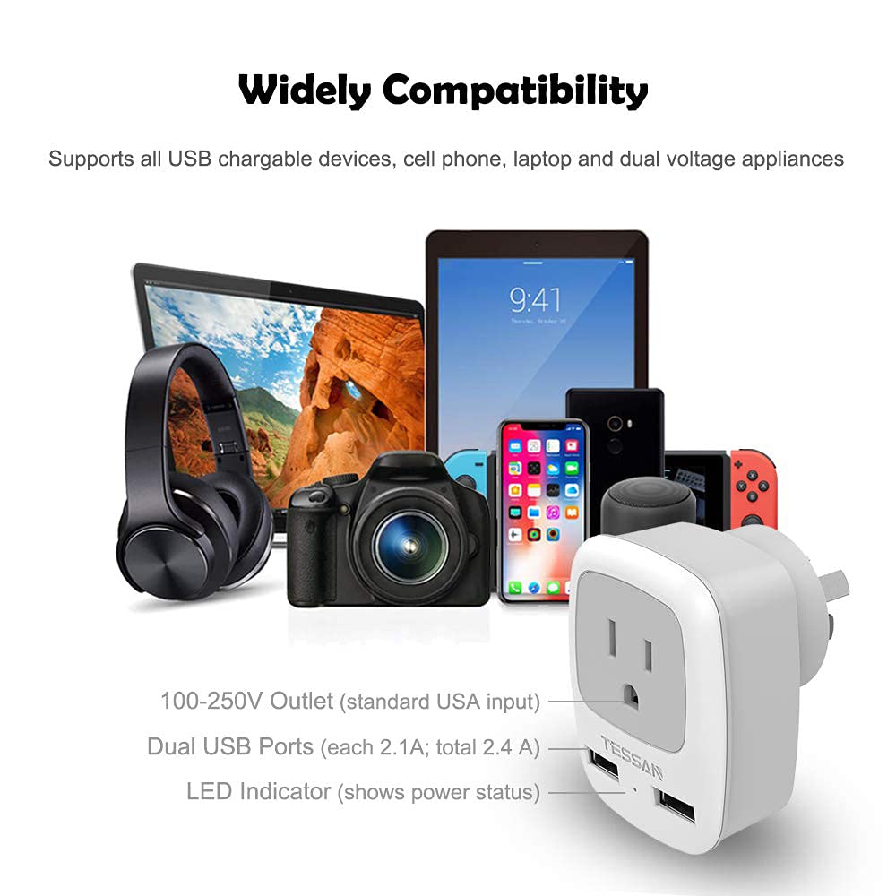 Tessan Australia New Zealand Power Plug Adapter, Australian Travel Adapter 3 In 1 Us Grounded Outlet With 2 Usb Ports For Usa To