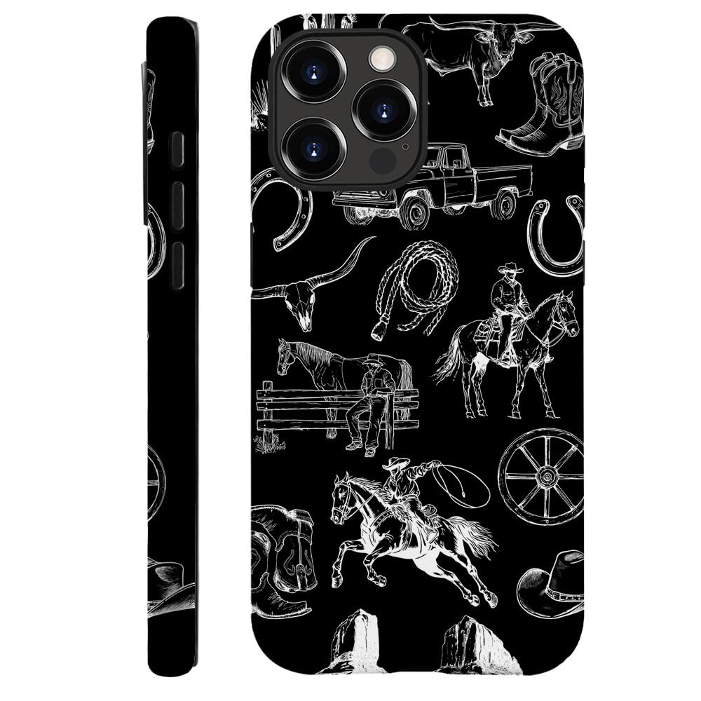 Daizag Case Compatible With Iphone 13 Pro,Fit Shockproof Cover For Women Girls,Cowboy Collage Horse Cow Cactus Black