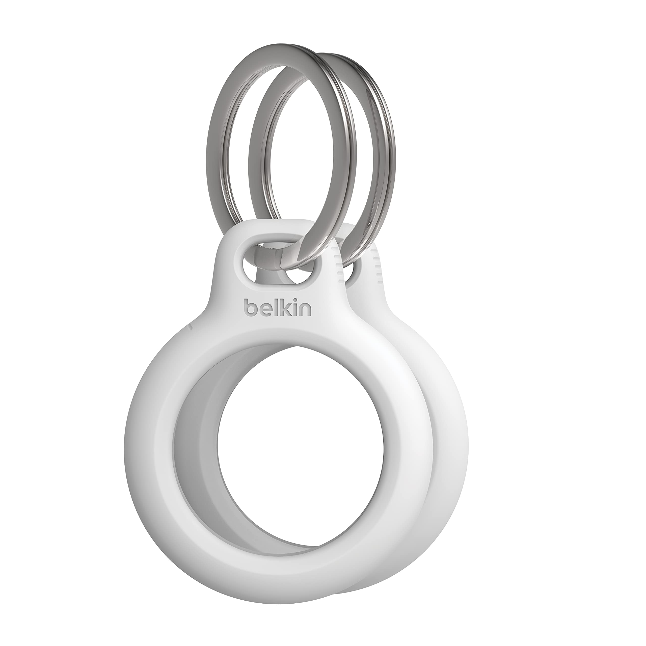 Belkin Apple AirTag Secure Holders with Key Ring   Durable, Scratch Resistant Case with Open Face & Raised Edges   Protective AirTag Keychain Accessory for Keys, Pets, Luggage, & More   2 Pack White