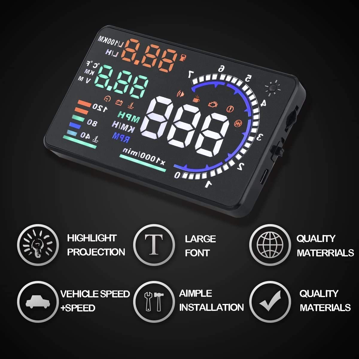 Kaolali A8 Hud Display 5.5 Dash Screen Projector Obd2 Auto Gauge Rpm Mph Speedometer Overspeed Warning Fuel Consumption Temperat