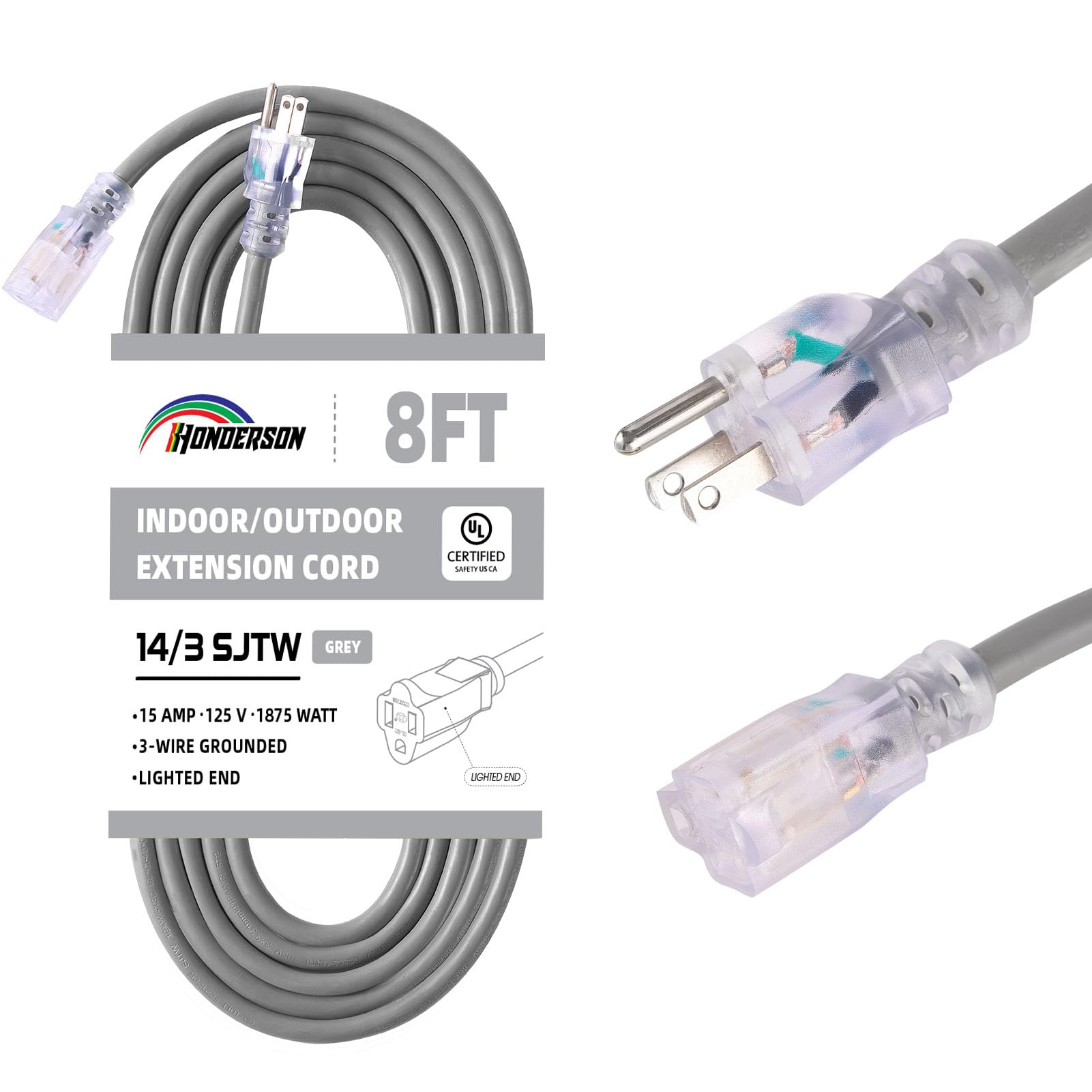 Honderson Indoor Outdoor Extension Cord Weatherproof With Lighted End, Ul Listed, 14 Gauge 8Ft Grey 3 Prong Heavy Duty Extension