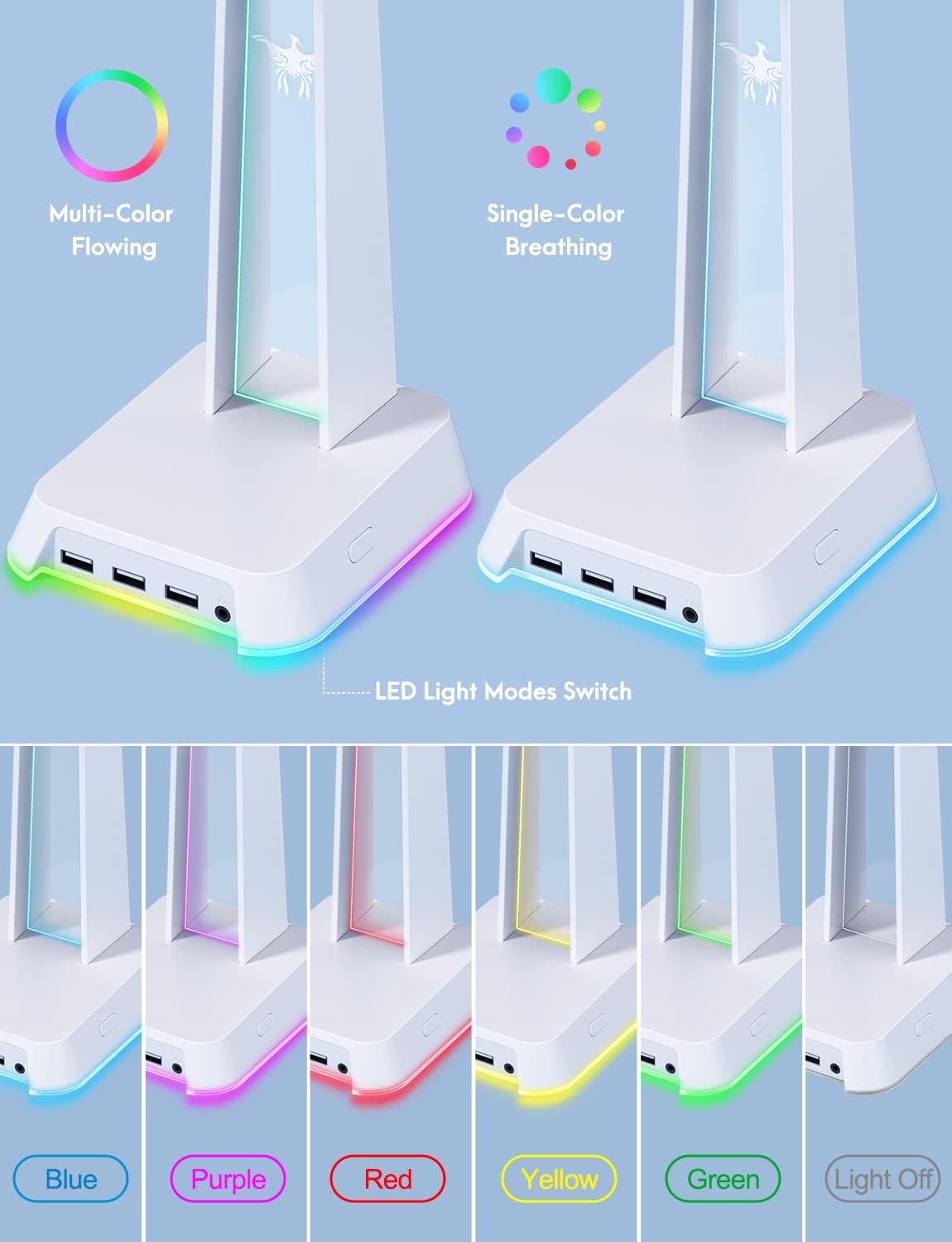 Phnixgam Rgb Headphone Stand With 3.5Mm Aux And 3 Port Usb 2.0 Hub, Universal Gaming Headset Hanger Holder For Computer Gaming G