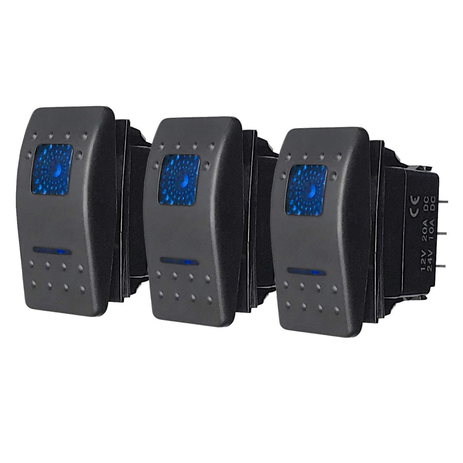 Mgi Speedware 3 Pack Marine Rocker Switches With Illuminated Led, 20A 12Vdc, Spdt Latching On/Off/On   Blue