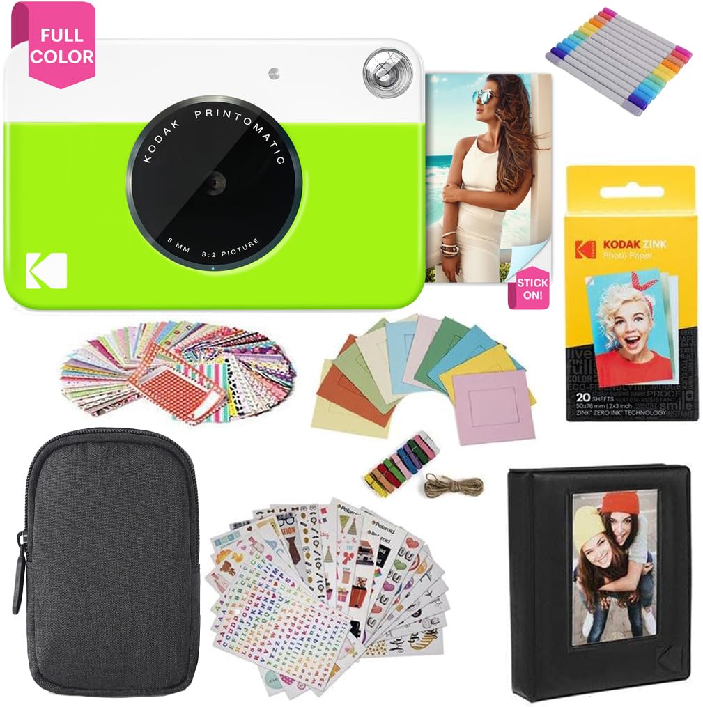 KODAK Printomatic FullColor Instant Print Camera Gift Bundle + Case + Zink 2x3 Sticky Back Photo Paper 20pk + Album + Sticker 