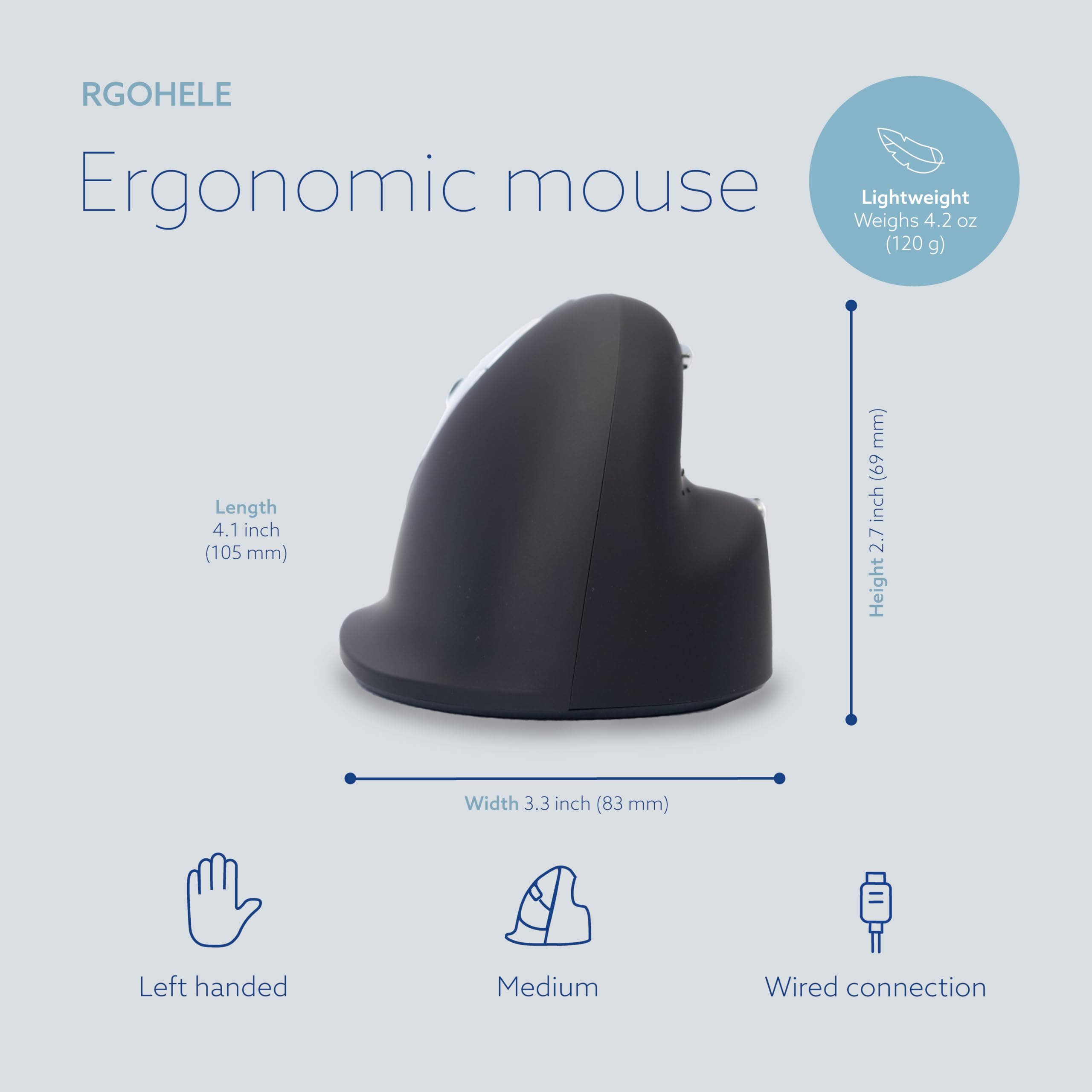 R Go He Vertical Ergonomic Mouse, Left Hand, Break Software, Wired, Prevents Tennis Elbow/Mouse Arm Rsi, Silent Click, 5 Buttons