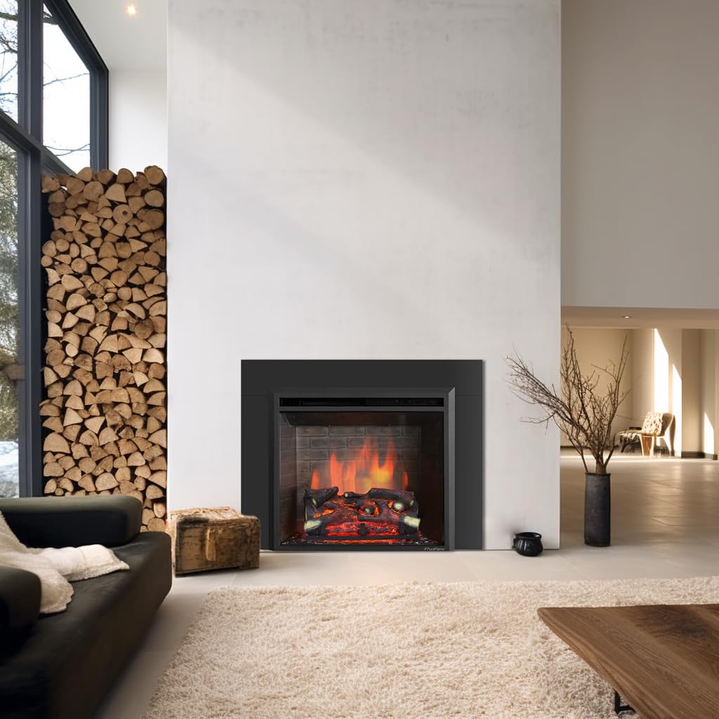 Puraflame Western 26'' Electric Fireplace Insert With Trim Kit, Fire Crackling Sound, Resin Log, Remote Control, 750/1500W Heate