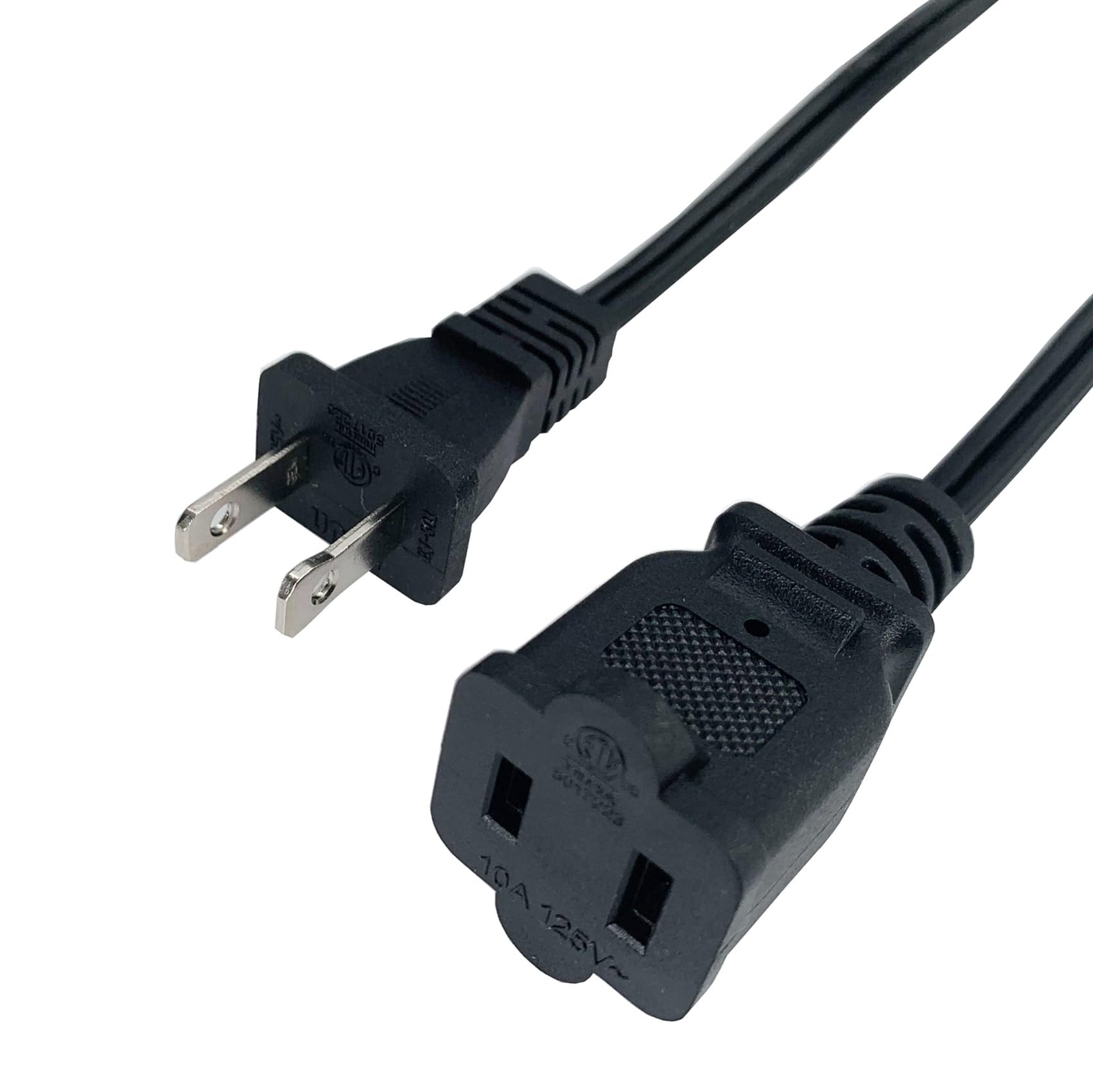 Short Extension Cord 2 Foot, 18 Awg Small 2 Prong Power Cord Cable, Black Male To Female Outlet Saver For Indoor Use, 2 Ft Ac Po